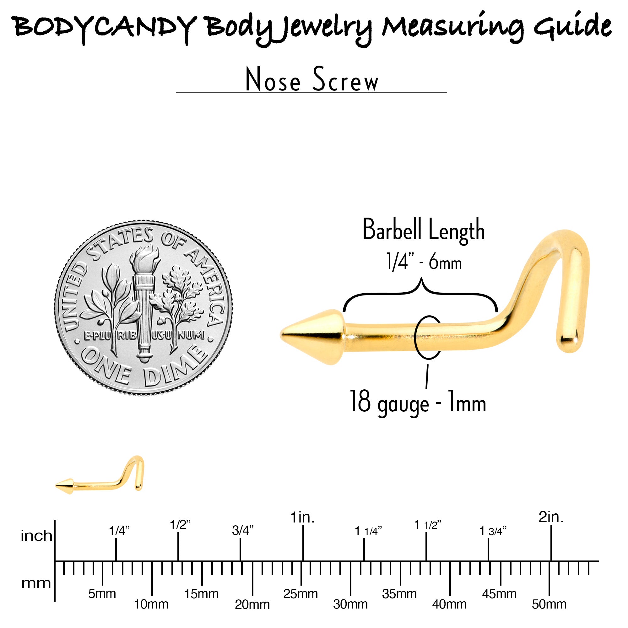 BodyCandy 18G 1/4 Gold Hue ASTM F-136 Implant Grade Titanium Cone End Left Side Nose Screw — side view
