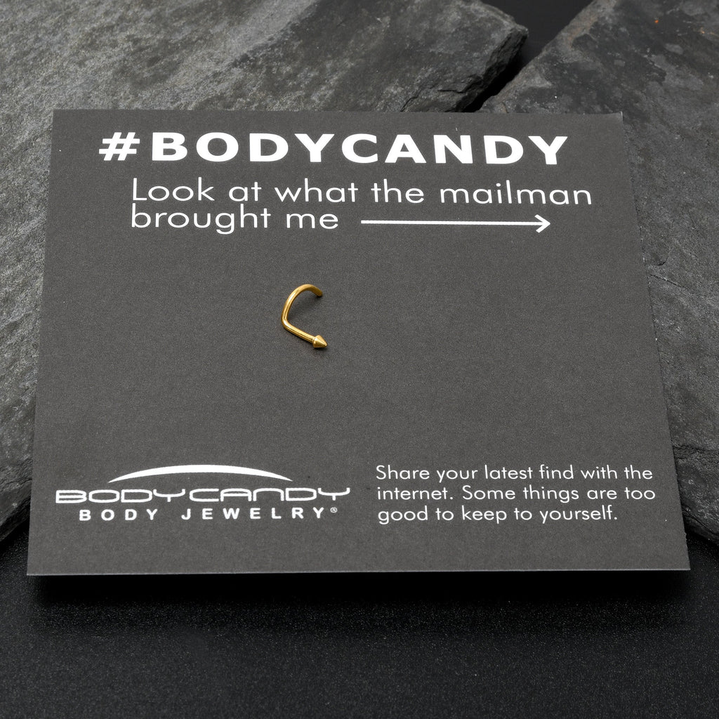 BodyCandy 18G 1/4 Gold Hue ASTM F-136 Implant Grade Titanium Cone End Left Side Nose Screw — in-use photo