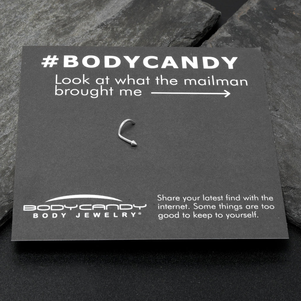 BodyCandy 18G 1/4 ASTM F-136 Implant Grade Titanium Cone End Left Side Nose Screw — in-use photo