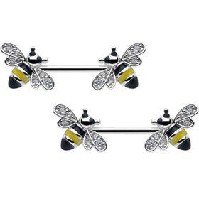 14G 9/16 Clear CZ Gem Honey Bees Barbell Nipple Ring Set