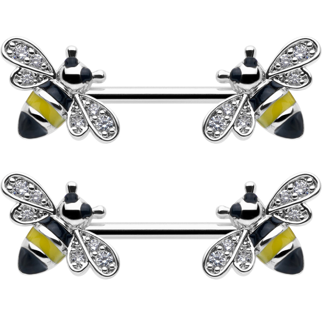 BodyCandy 14G 9/16 Clear CZ Gem Honey Bees Barbell Nipple Ring Set — detail close-up