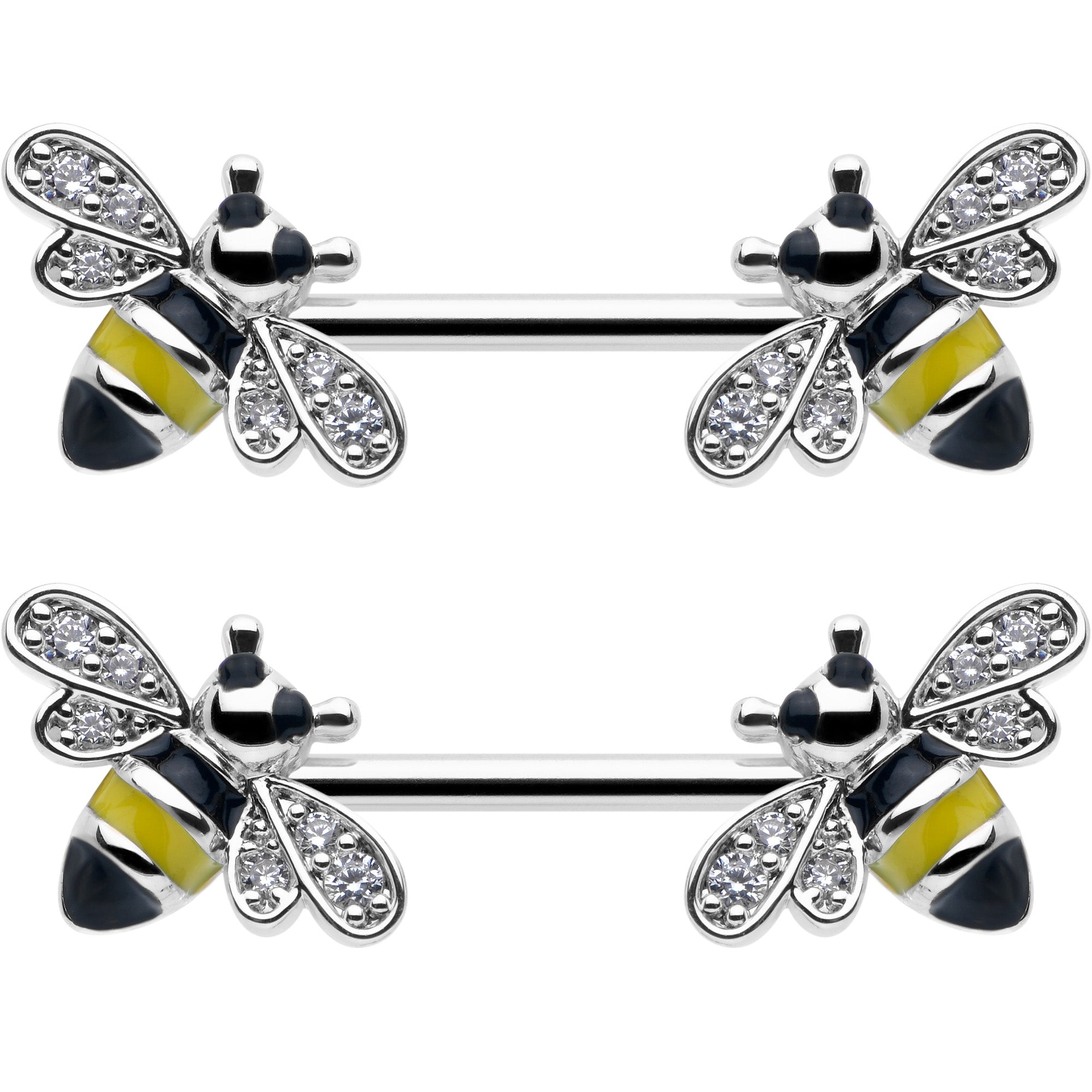 BodyCandy 14G 9/16 Clear CZ Gem Honey Bees Barbell Nipple Ring Set — detail close-up