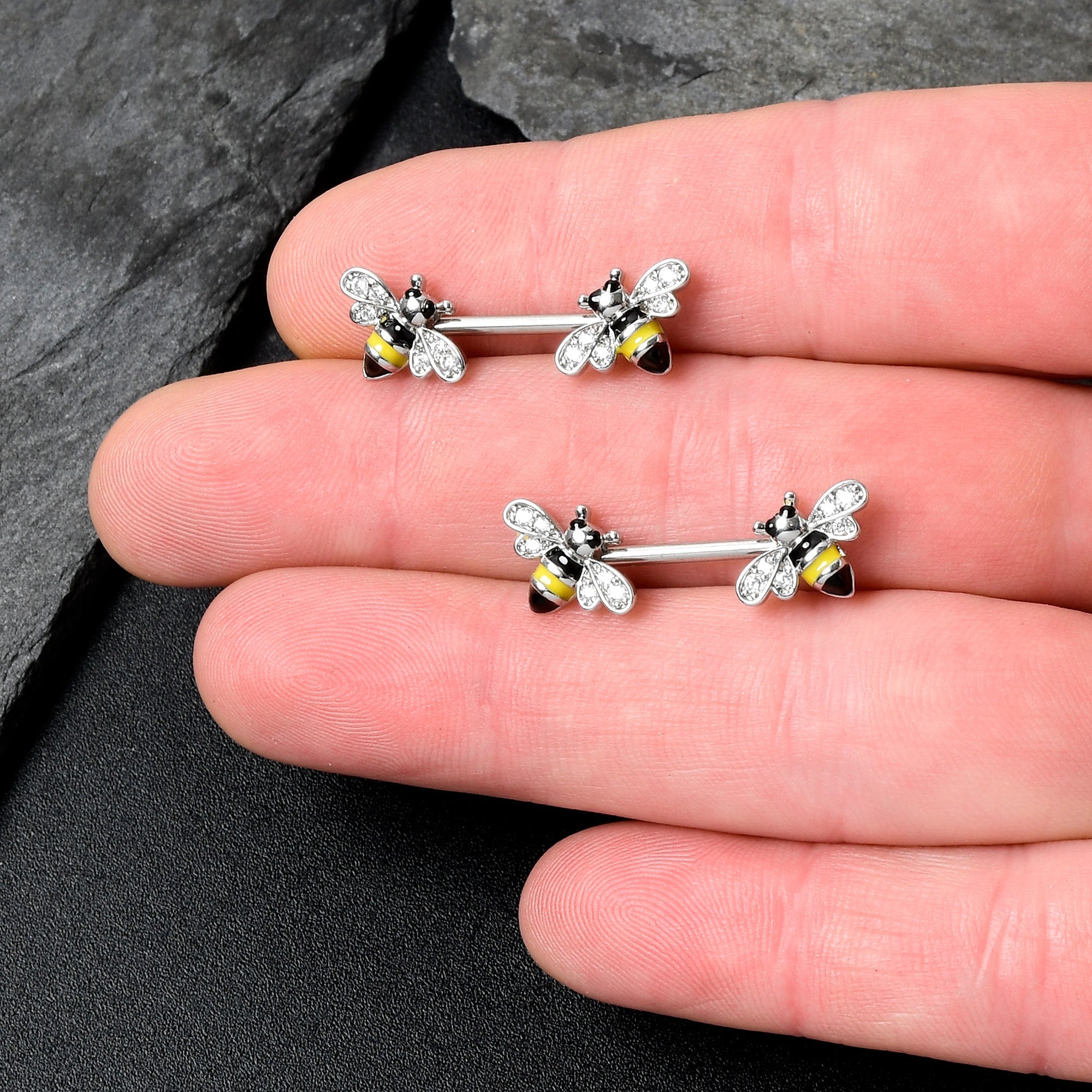 BodyCandy 14G 9/16 Clear CZ Gem Honey Bees Barbell Nipple Ring Set — lifestyle context