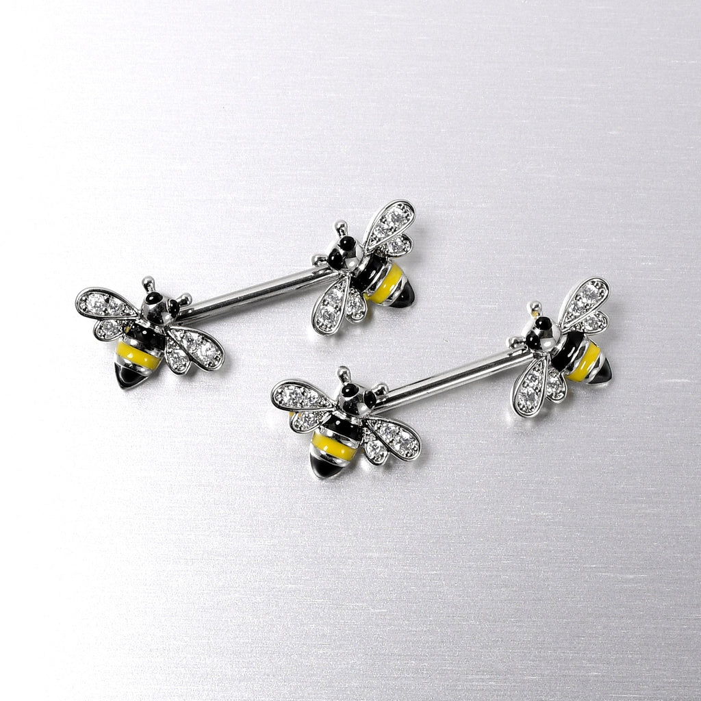 BodyCandy 14G 9/16 Clear CZ Gem Honey Bees Barbell Nipple Ring Set — side view