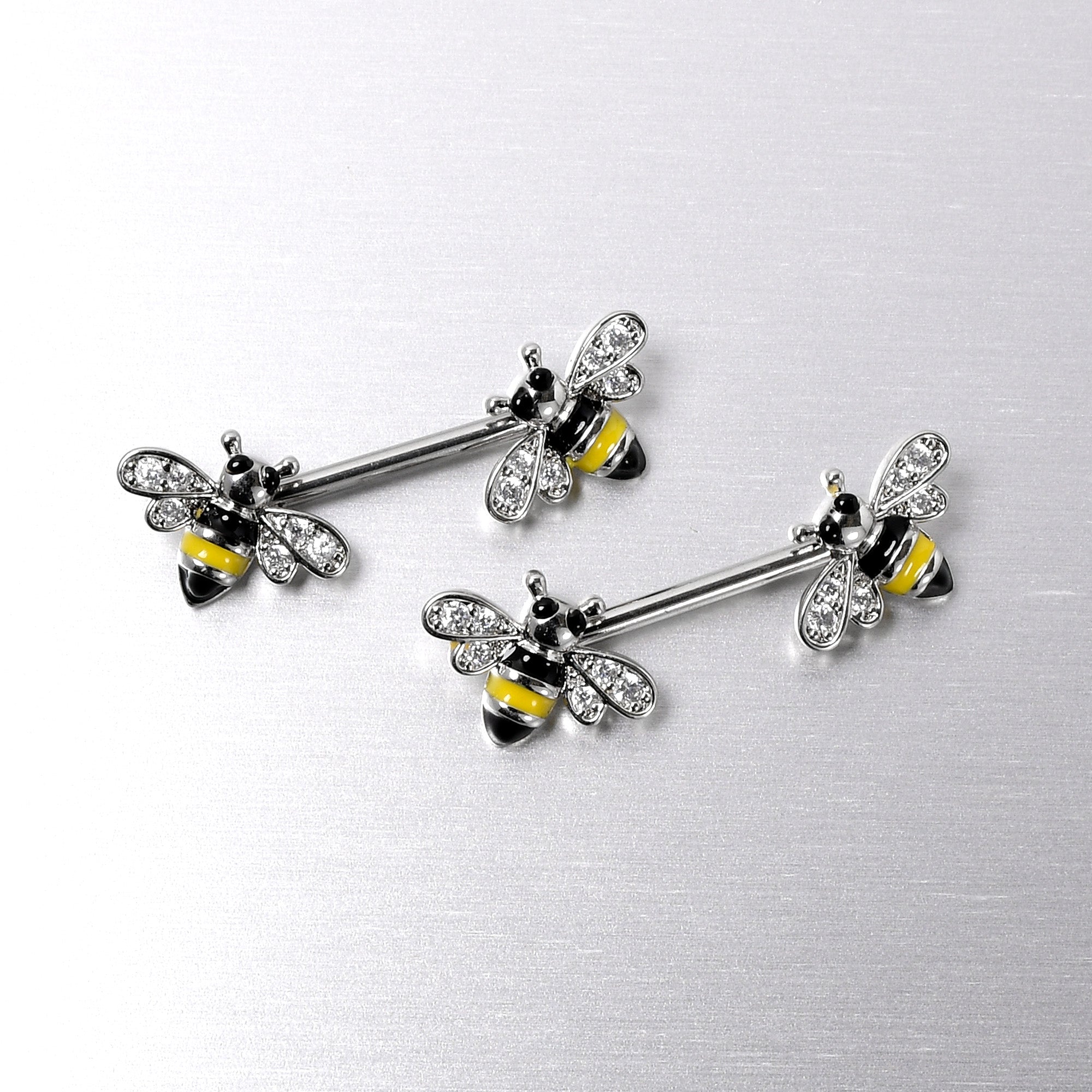 BodyCandy 14G 9/16 Clear CZ Gem Honey Bees Barbell Nipple Ring Set — side view