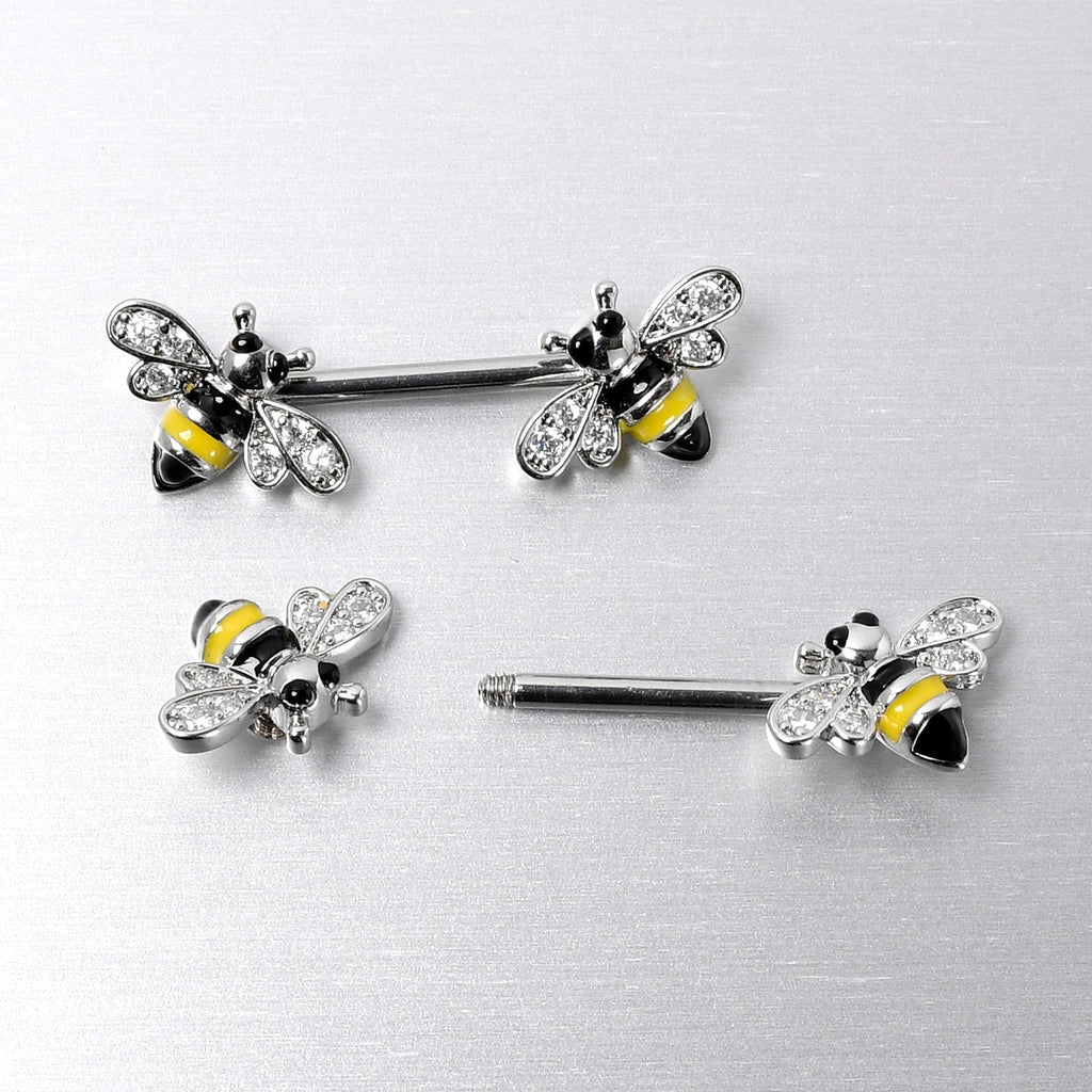 BodyCandy 14G 9/16 Clear CZ Gem Honey Bees Barbell Nipple Ring Set — back view