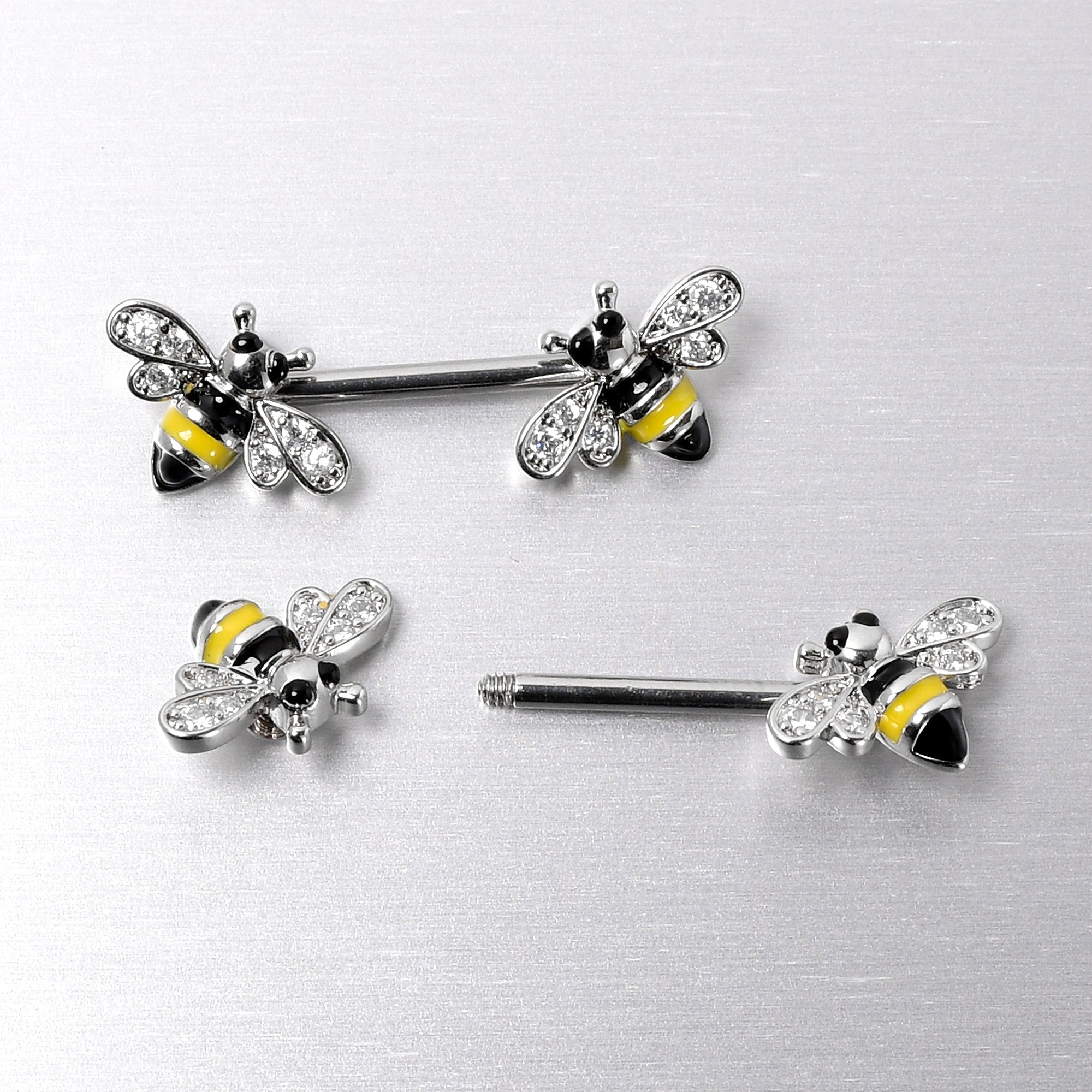 BodyCandy 14G 9/16 Clear CZ Gem Honey Bees Barbell Nipple Ring Set — back view