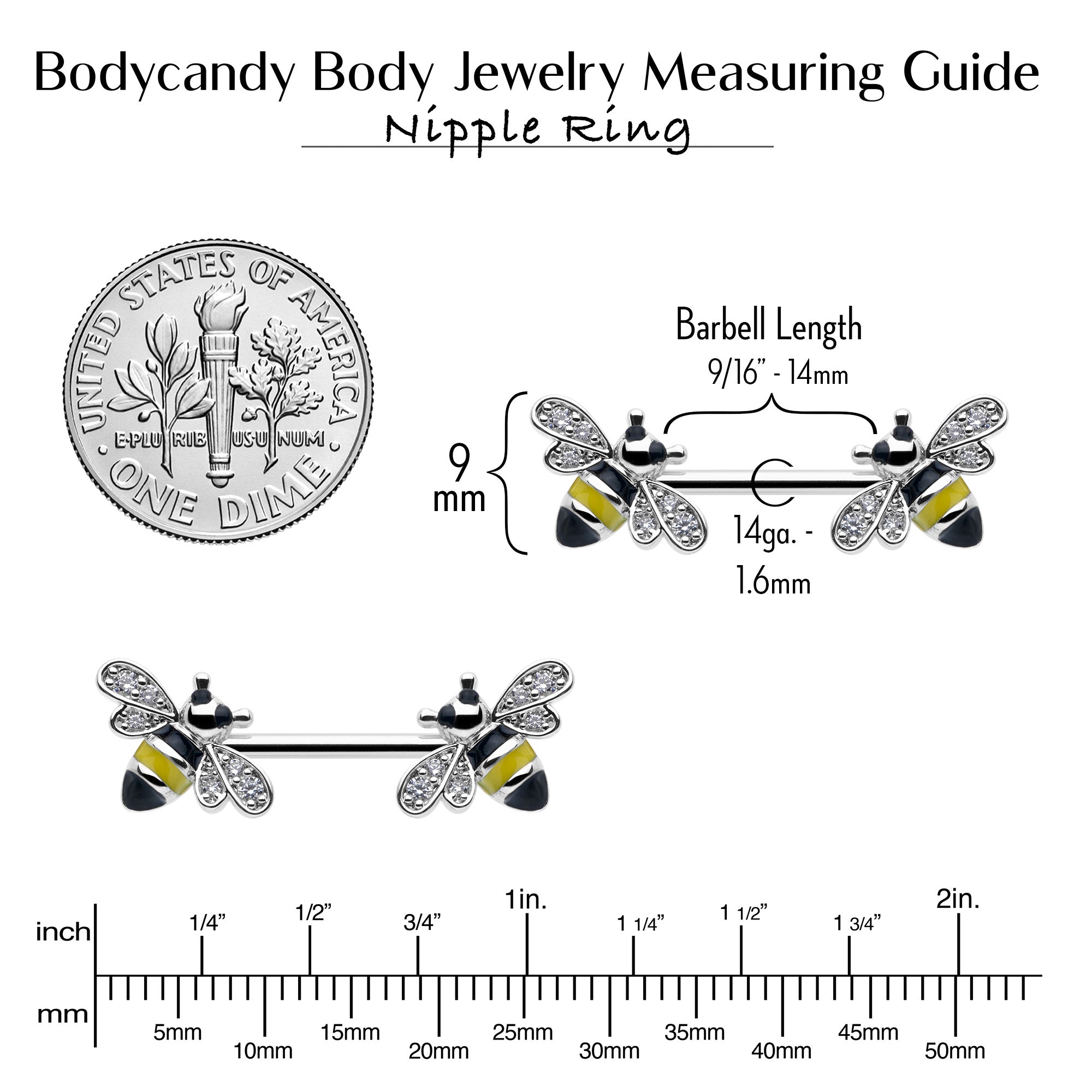 BodyCandy 14G 9/16 Clear CZ Gem Honey Bees Barbell Nipple Ring Set — alternative angle