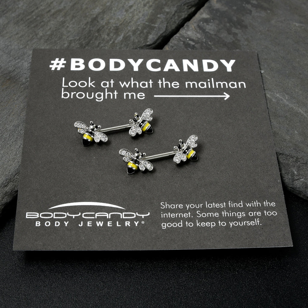 BodyCandy 14G 9/16 Clear CZ Gem Honey Bees Barbell Nipple Ring Set — in-use photo