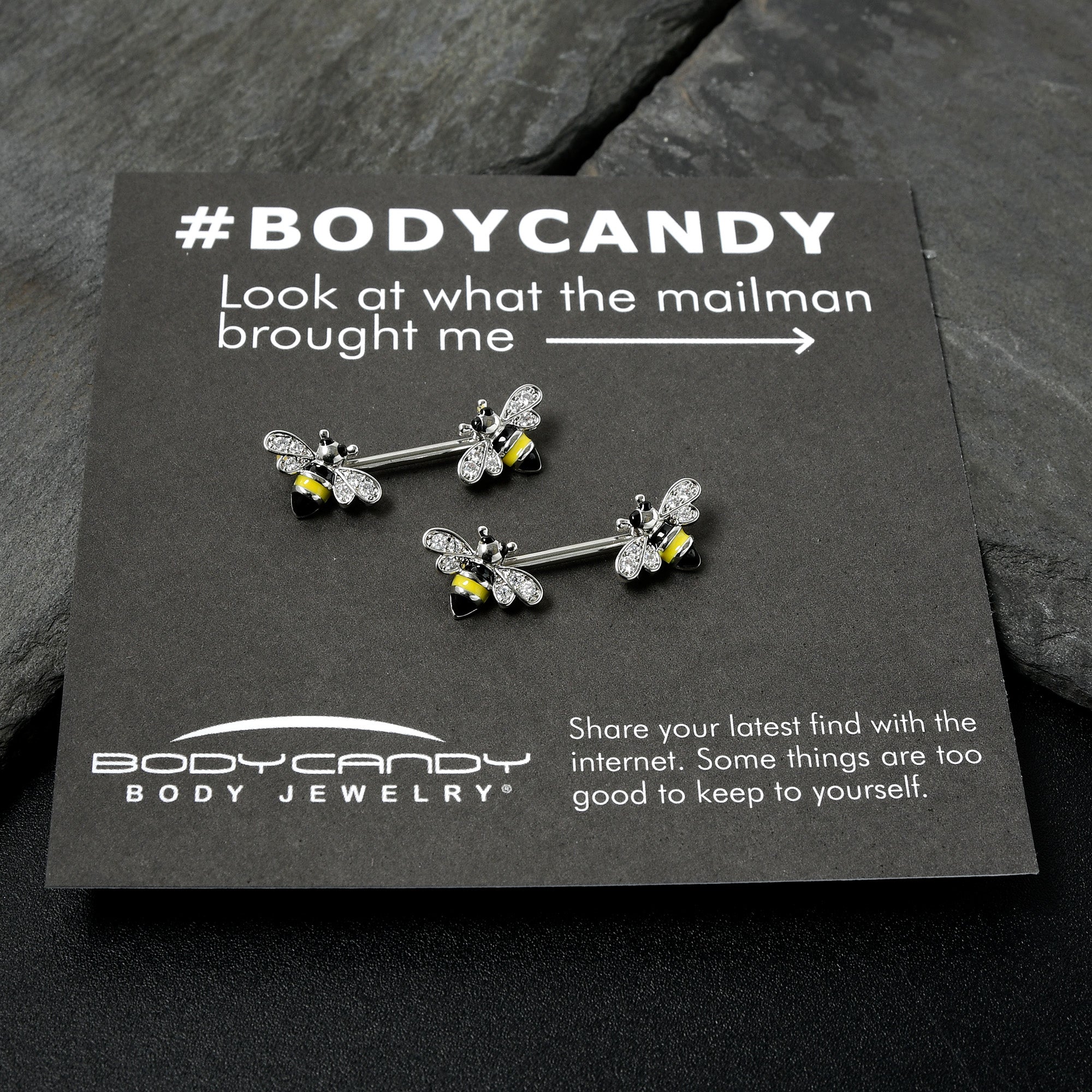 BodyCandy 14G 9/16 Clear CZ Gem Honey Bees Barbell Nipple Ring Set — in-use photo