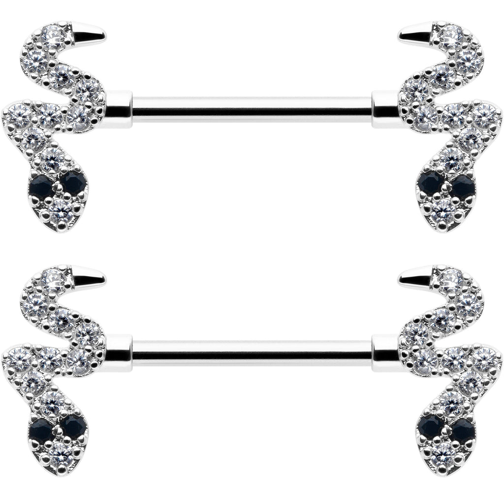 BodyCandy 14G 9/16 Clear Black CZ Gem Sexy Snakes Barbell Nipple Ring Set — detail close-up