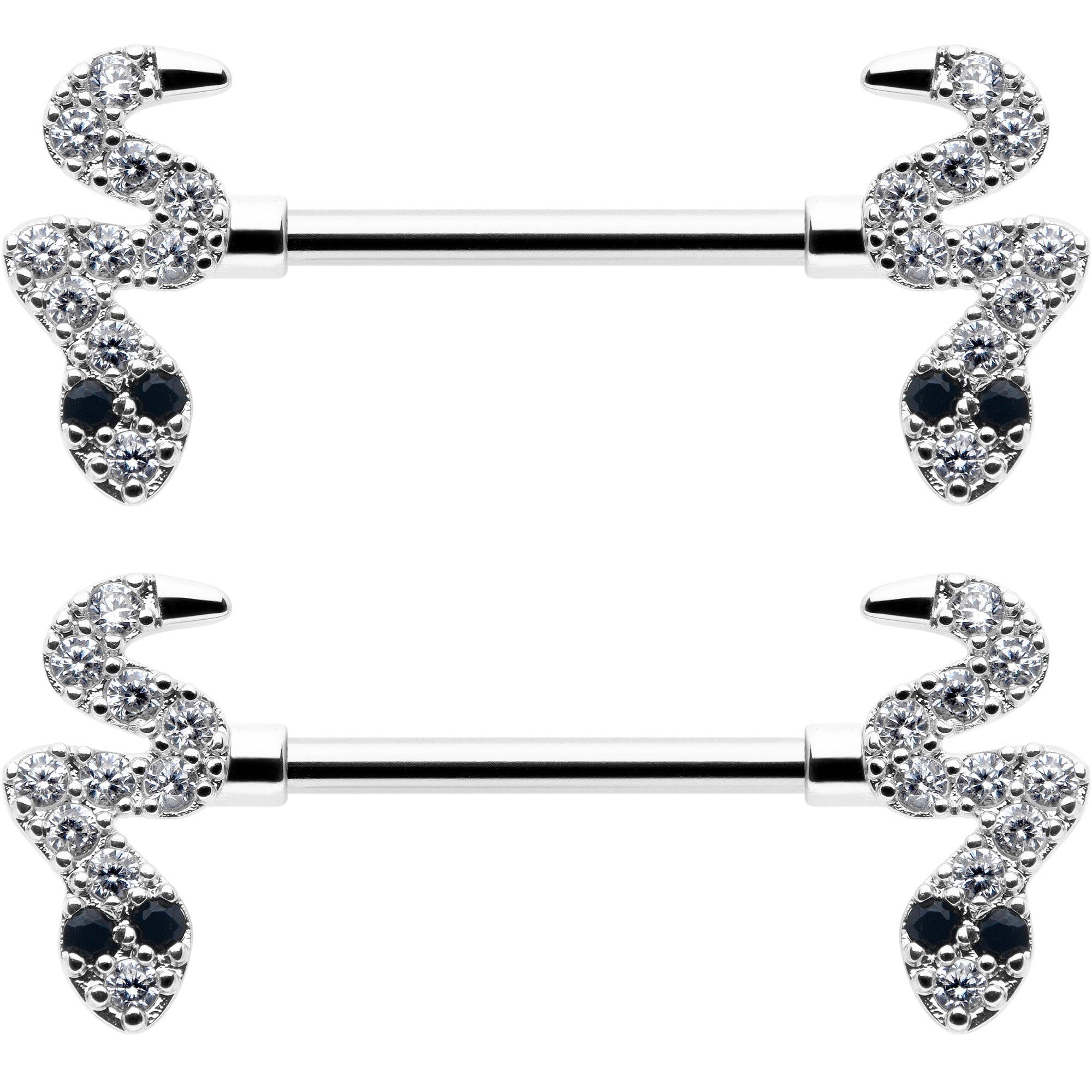 BodyCandy 14G 9/16 Clear Black CZ Gem Sexy Snakes Barbell Nipple Ring Set — detail close-up