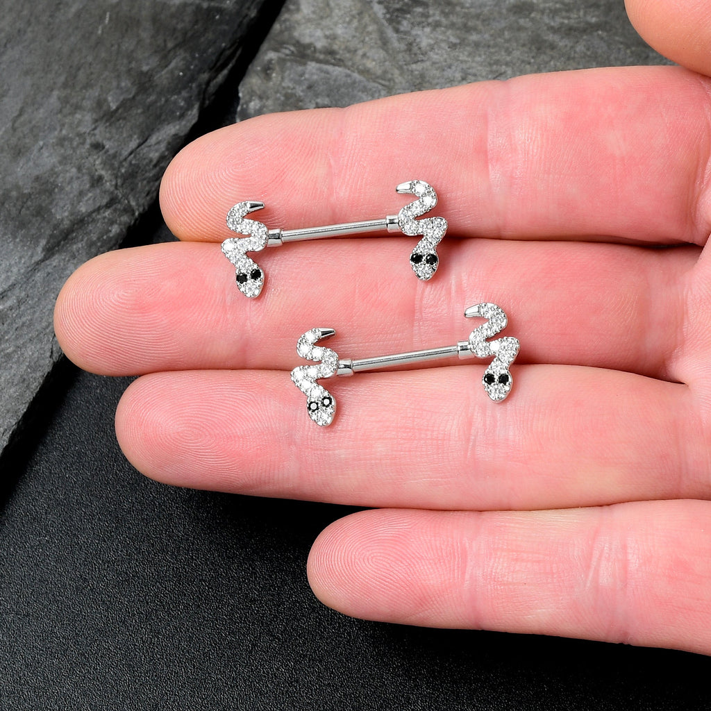 BodyCandy 14G 9/16 Clear Black CZ Gem Sexy Snakes Barbell Nipple Ring Set — lifestyle context