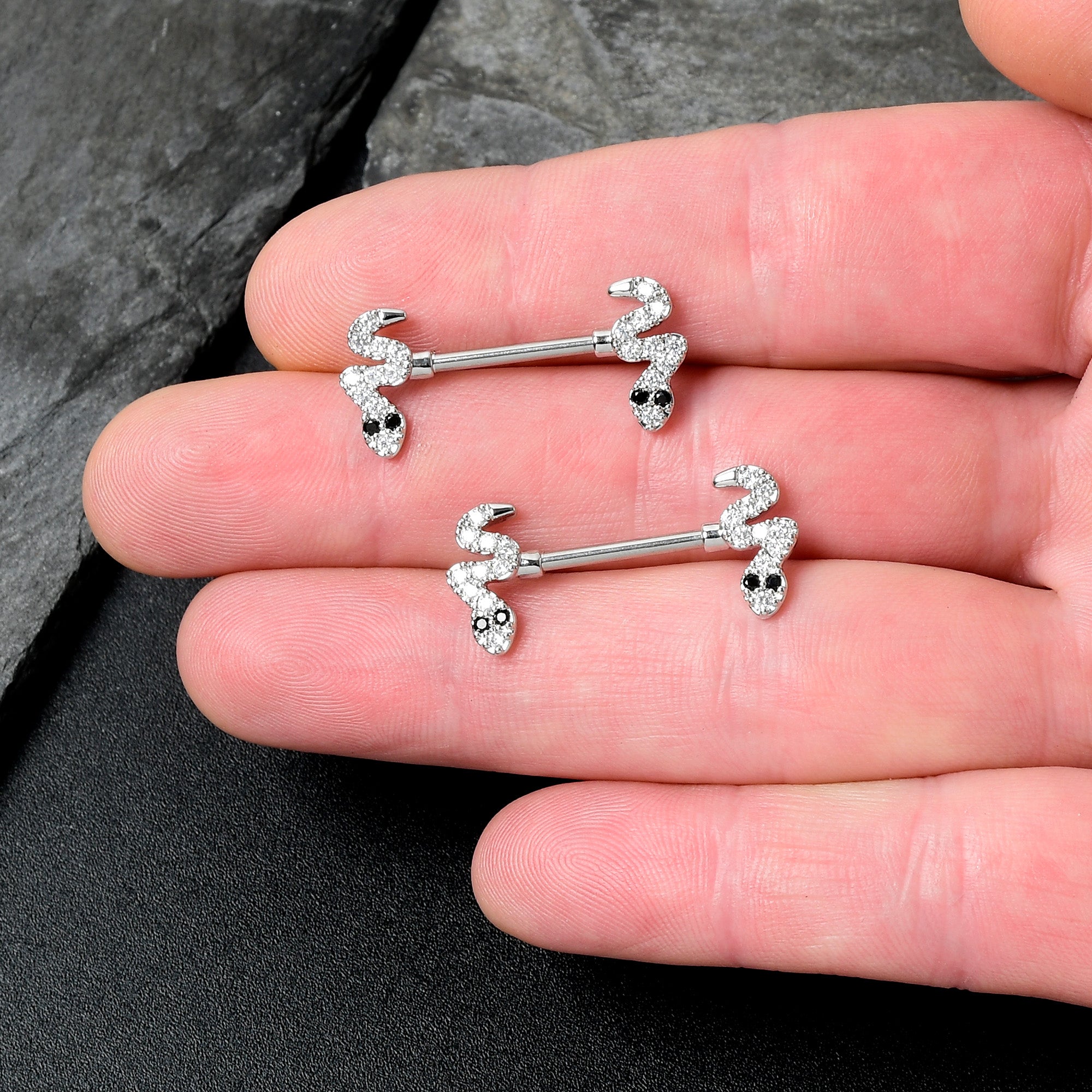 BodyCandy 14G 9/16 Clear Black CZ Gem Sexy Snakes Barbell Nipple Ring Set — lifestyle context