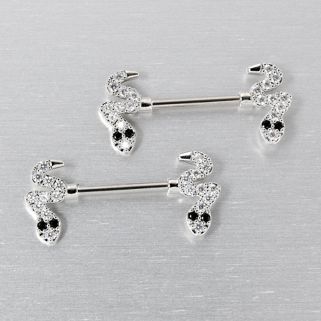 BodyCandy 14G 9/16 Clear Black CZ Gem Sexy Snakes Barbell Nipple Ring Set — side view