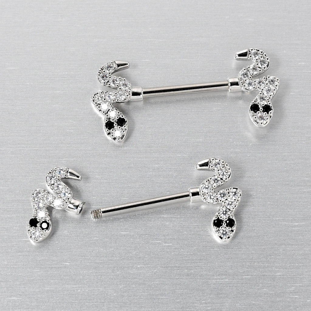 BodyCandy 14G 9/16 Clear Black CZ Gem Sexy Snakes Barbell Nipple Ring Set — back view