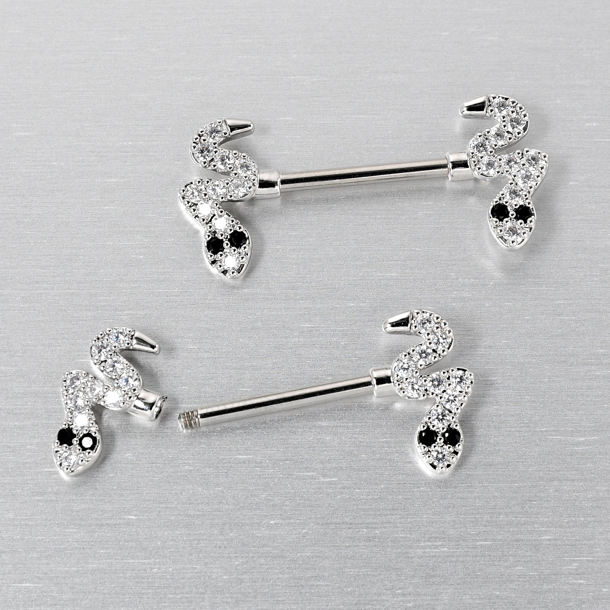 BodyCandy 14G 9/16 Clear Black CZ Gem Sexy Snakes Barbell Nipple Ring Set — back view