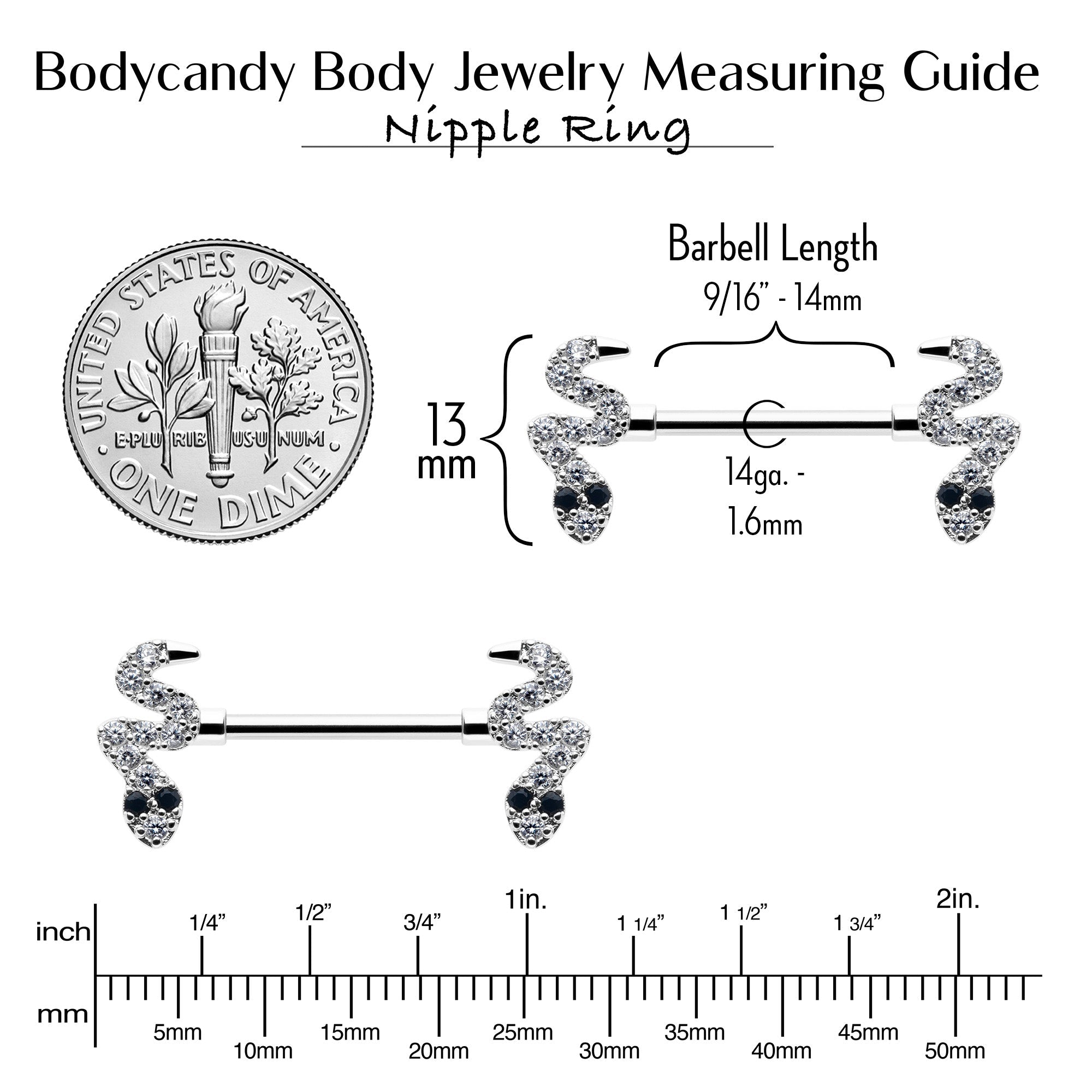 BodyCandy 14G 9/16 Clear Black CZ Gem Sexy Snakes Barbell Nipple Ring Set — alternative angle