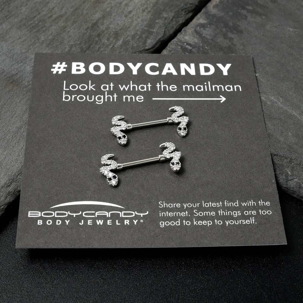 BodyCandy 14G 9/16 Clear Black CZ Gem Sexy Snakes Barbell Nipple Ring Set — in-use photo