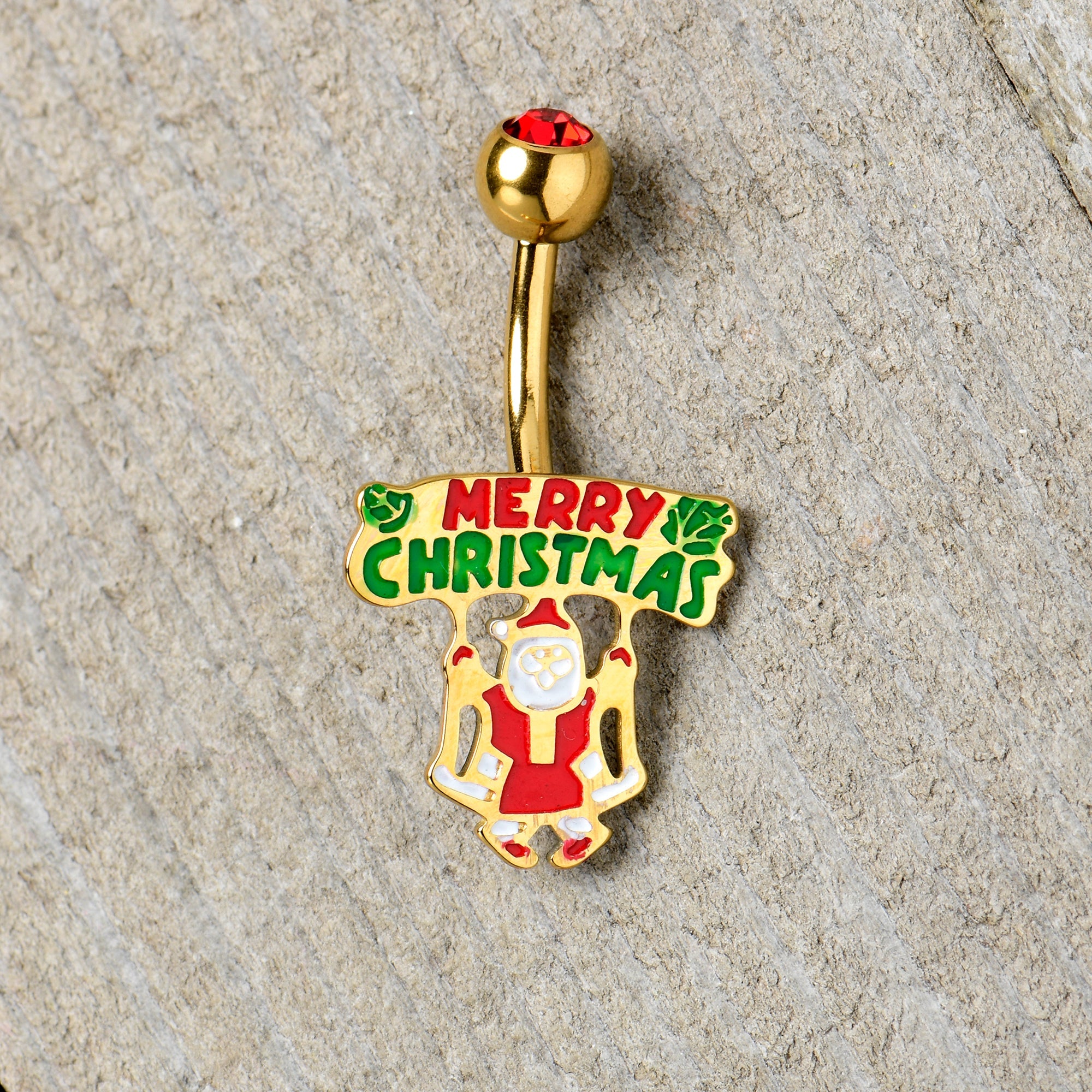 BodyCandy Red Gem Gold Tone Merry Christmas Santa Inlaid Belly Ring — detail close-up