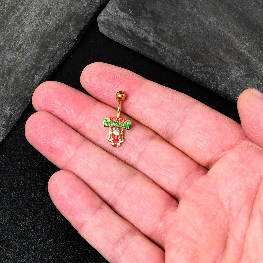 BodyCandy Red Gem Gold Tone Merry Christmas Santa Inlaid Belly Ring — side view