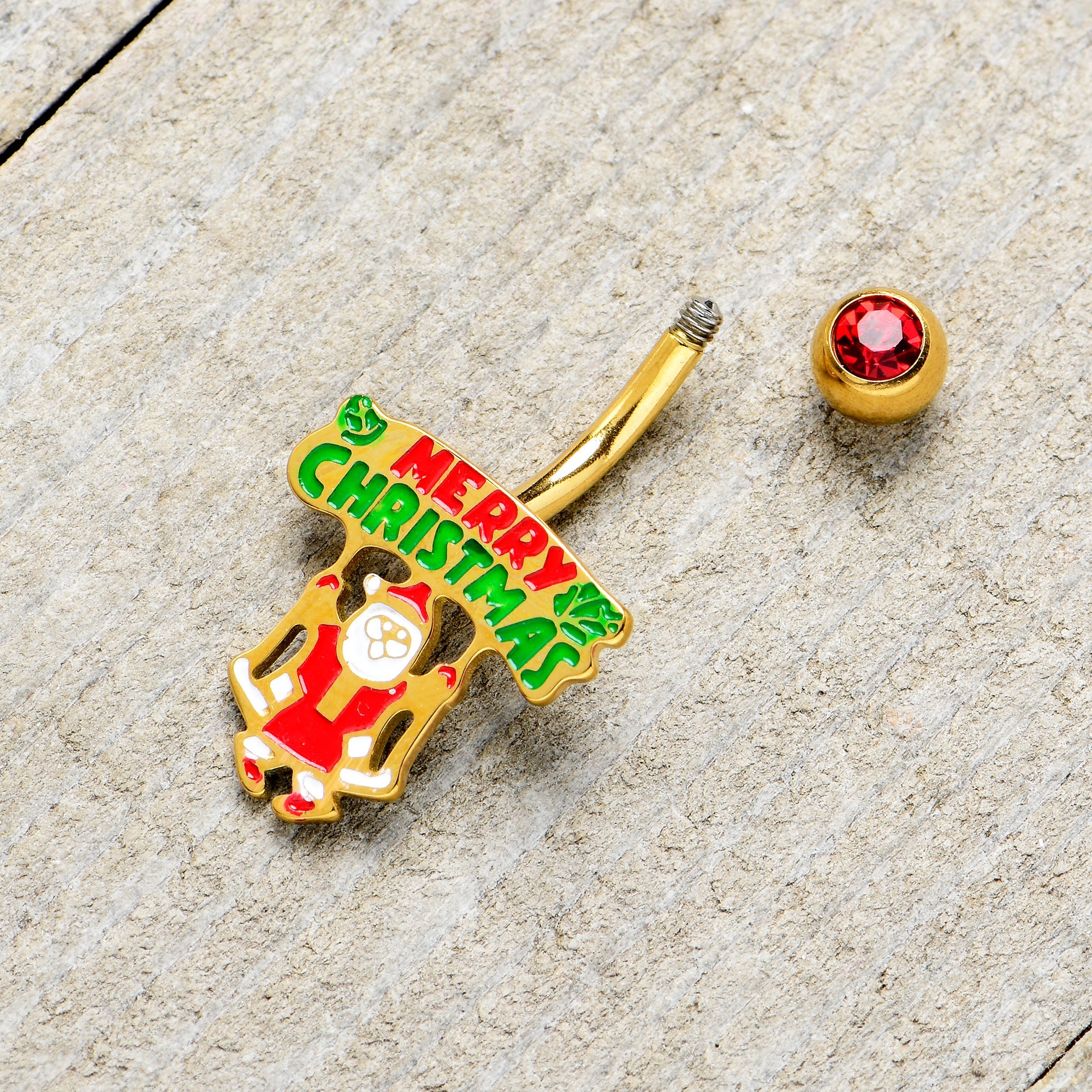BodyCandy Red Gem Gold Tone Merry Christmas Santa Inlaid Belly Ring — back view