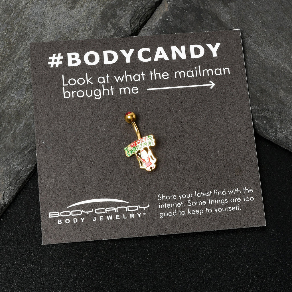 BodyCandy Red Gem Gold Tone Merry Christmas Santa Inlaid Belly Ring — alternative angle