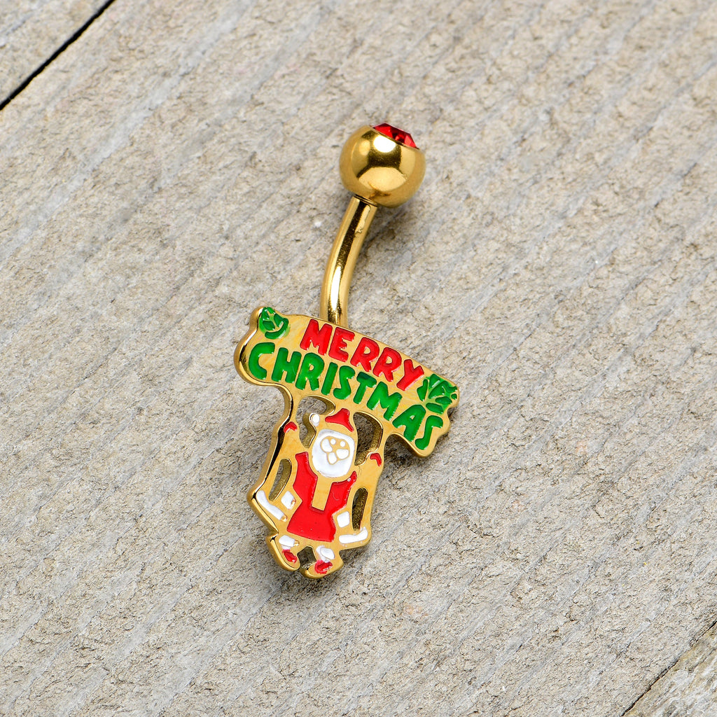 BodyCandy Red Gem Gold Tone Merry Christmas Santa Inlaid Belly Ring — in-use photo