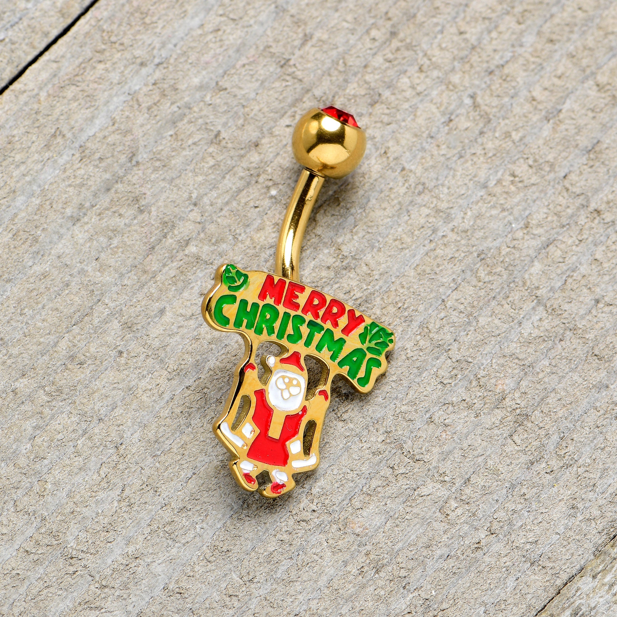 BodyCandy Red Gem Gold Tone Merry Christmas Santa Inlaid Belly Ring — in-use photo