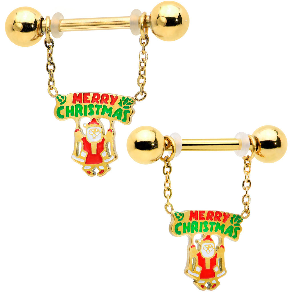 BodyCandy 14G 9/16 Gold Tone Santa Merry Christmas Dangle Nipple Ring Set — main product shot