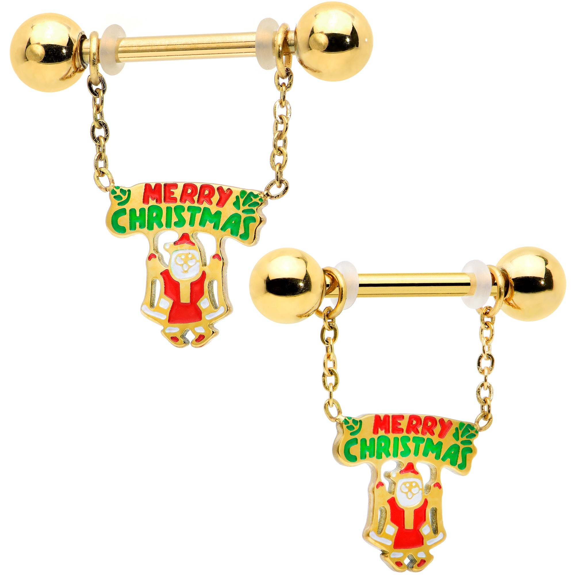 BodyCandy 14G 9/16 Gold Tone Santa Merry Christmas Dangle Nipple Ring Set — main product shot