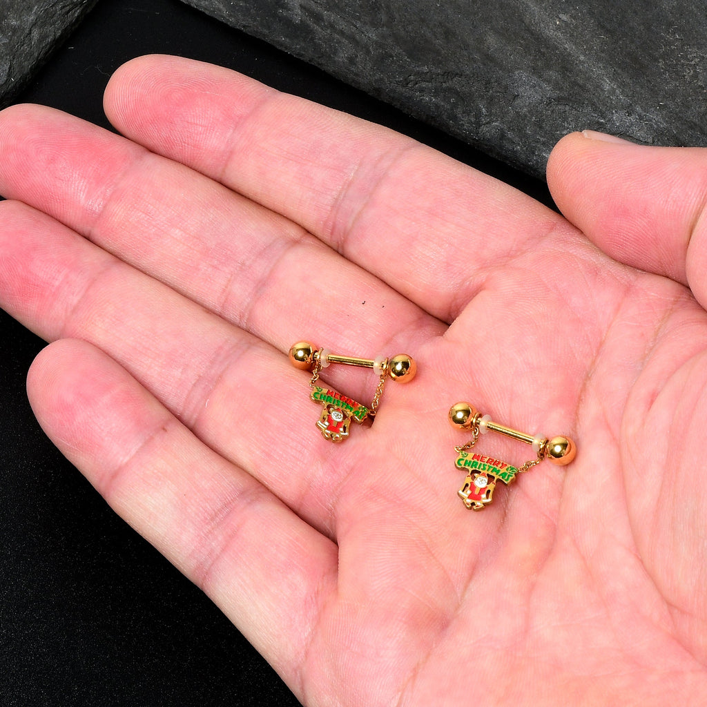 BodyCandy 14G 9/16 Gold Tone Santa Merry Christmas Dangle Nipple Ring Set — detail close-up