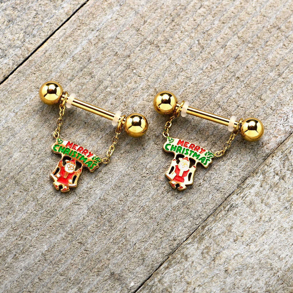 BodyCandy 14G 9/16 Gold Tone Santa Merry Christmas Dangle Nipple Ring Set — lifestyle context