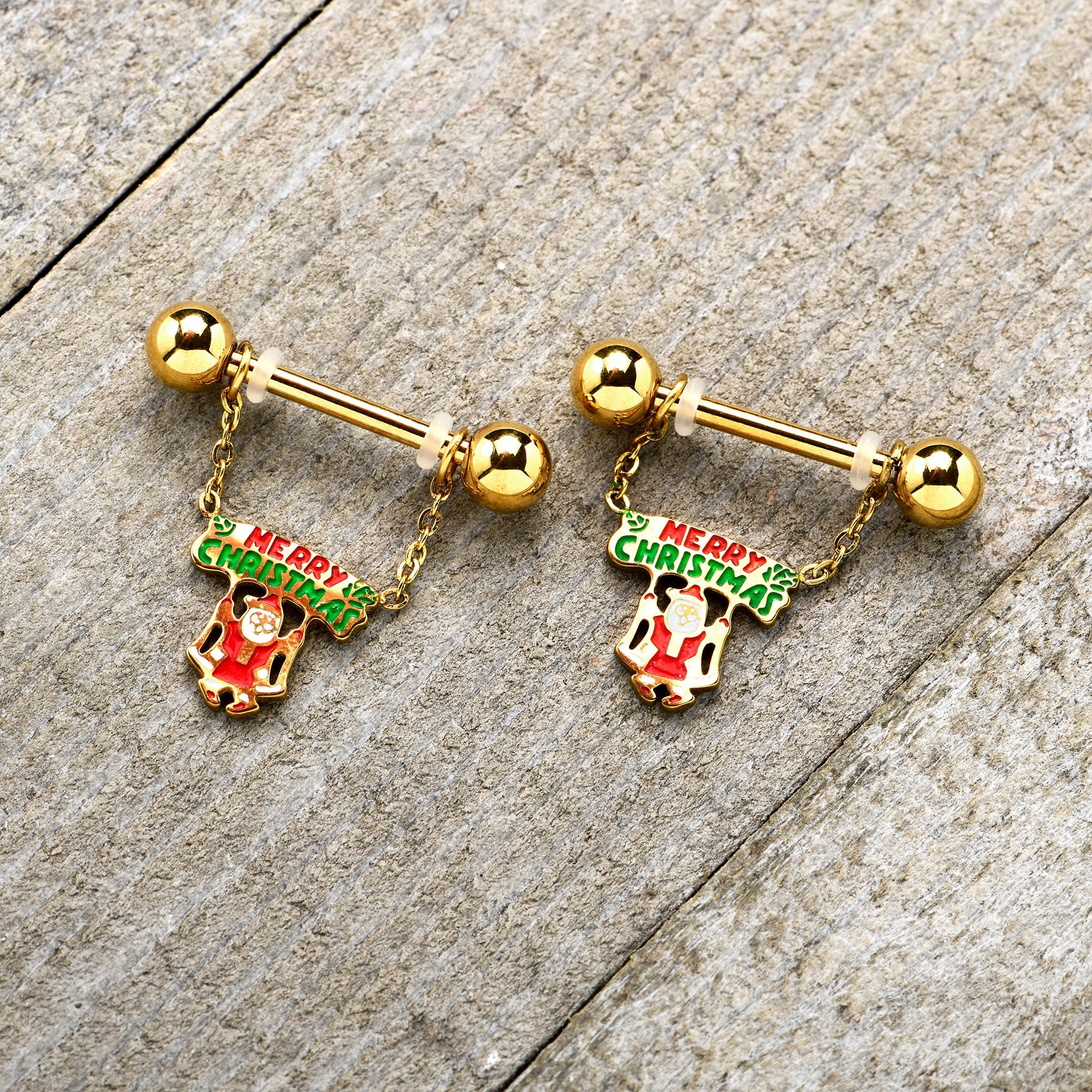 BodyCandy 14G 9/16 Gold Tone Santa Merry Christmas Dangle Nipple Ring Set — lifestyle context