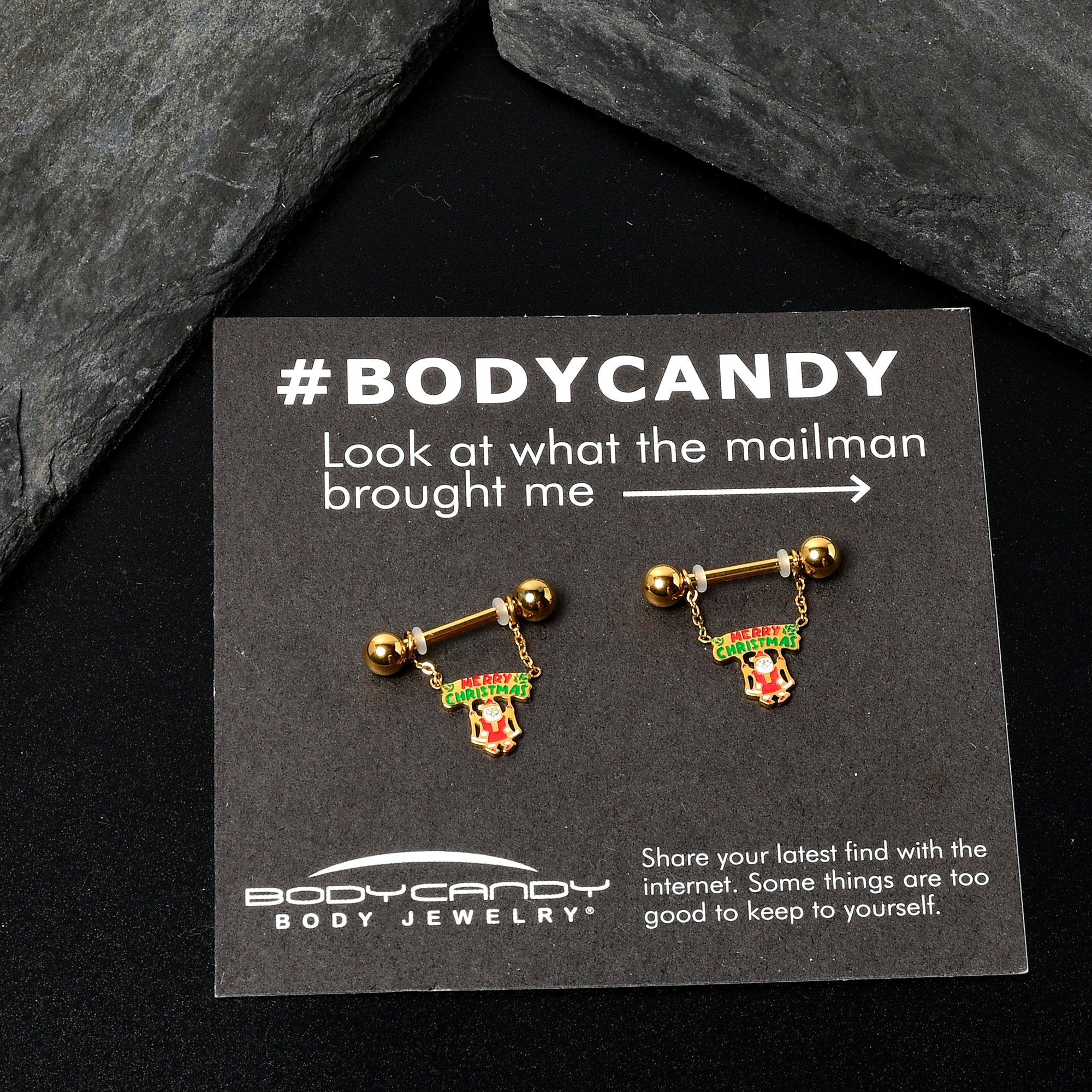 BodyCandy 14G 9/16 Gold Tone Santa Merry Christmas Dangle Nipple Ring Set — side view