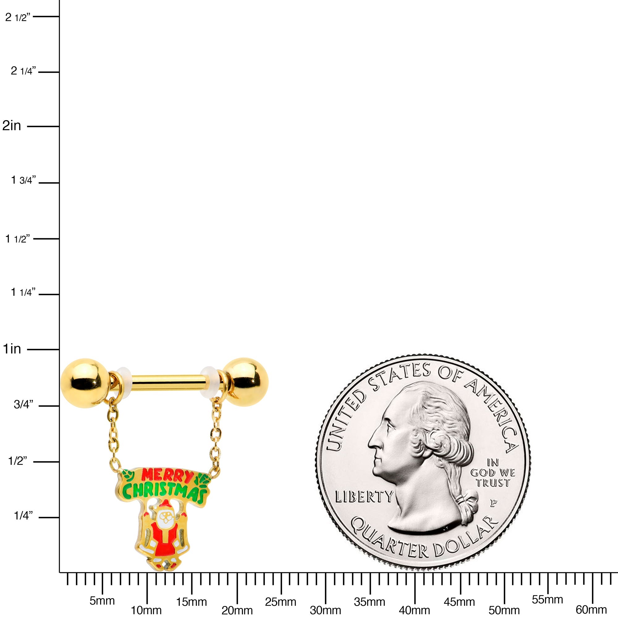 BodyCandy 14G 9/16 Gold Tone Santa Merry Christmas Dangle Nipple Ring Set — back view