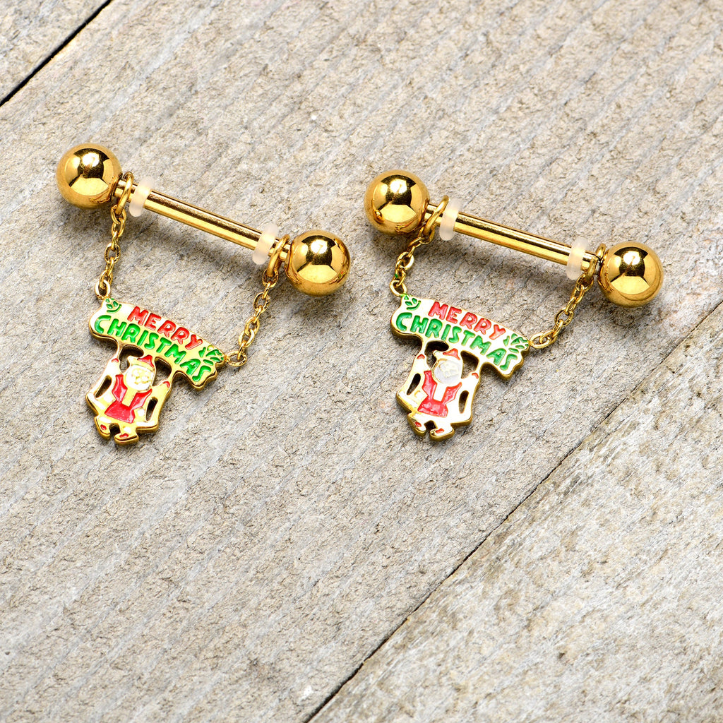 BodyCandy 14G 9/16 Gold Tone Santa Merry Christmas Dangle Nipple Ring Set — alternative angle