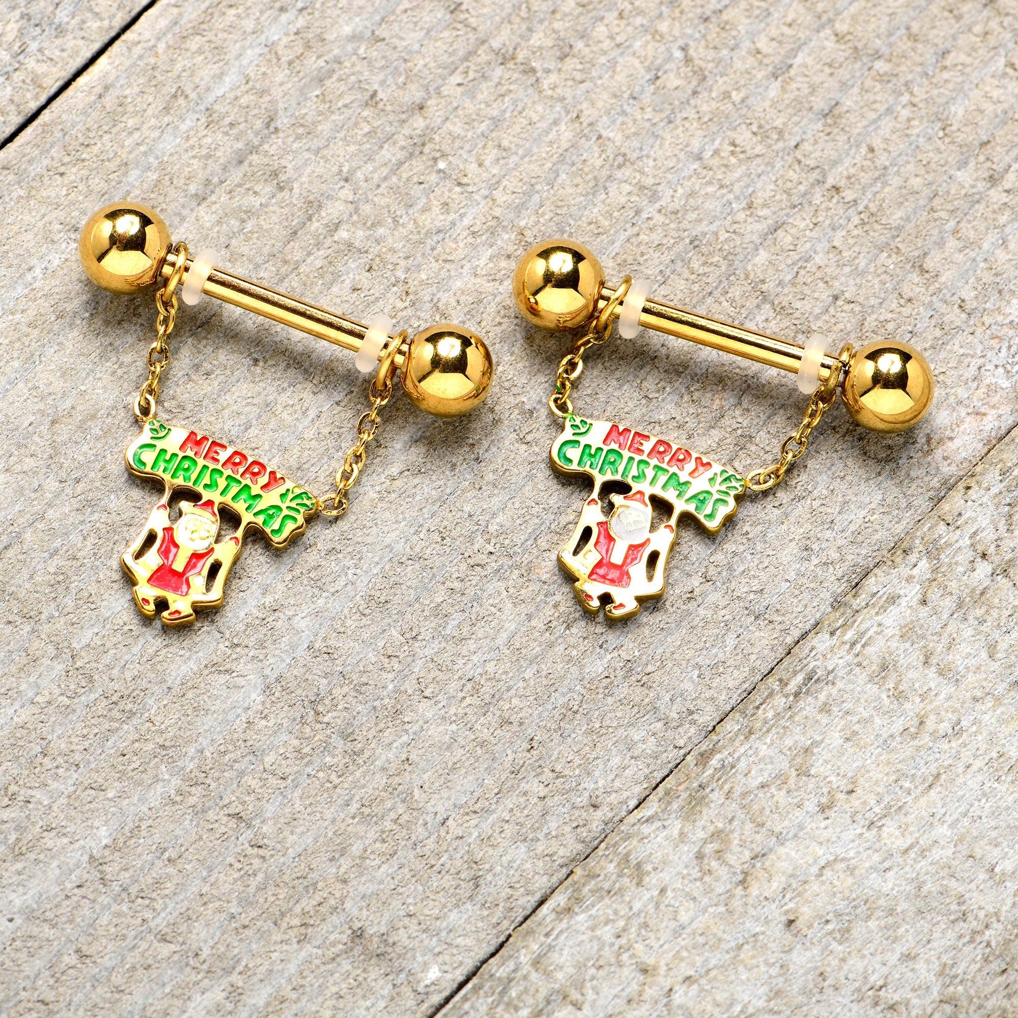 BodyCandy 14G 9/16 Gold Tone Santa Merry Christmas Dangle Nipple Ring Set — alternative angle