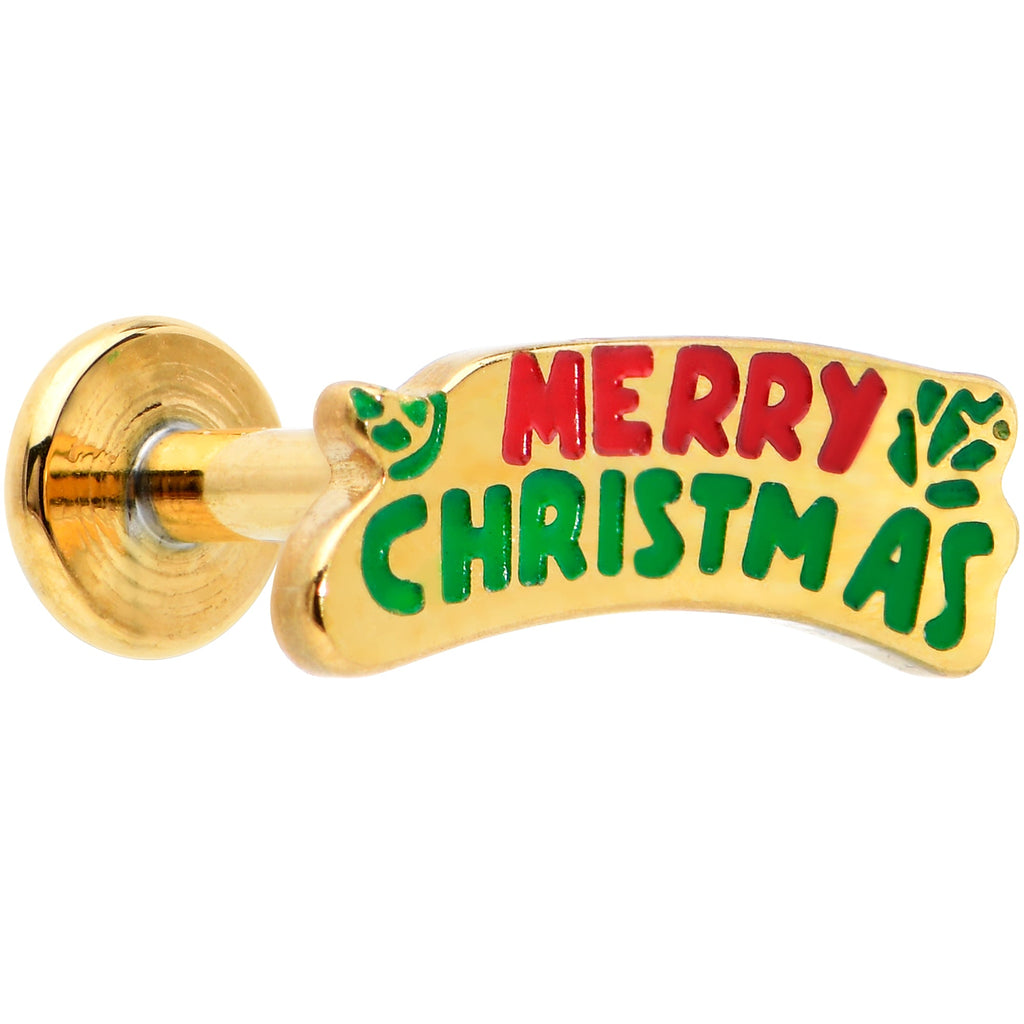 BodyCandy 16G 5/16 Gold Tone Merry Christmas Inlaid Labret Monroe Tragus — main product shot
