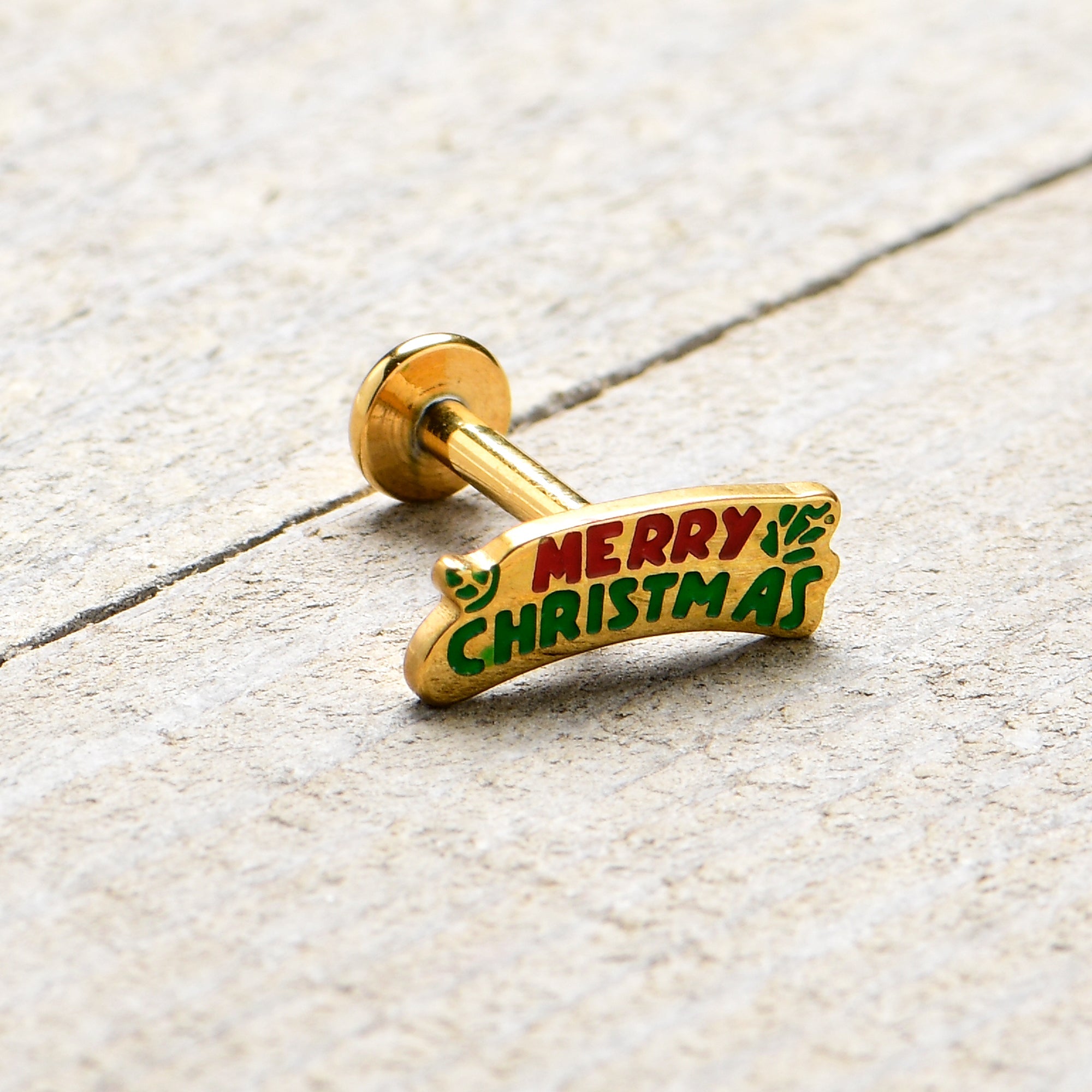 BodyCandy 16G 5/16 Gold Tone Merry Christmas Inlaid Labret Monroe Tragus — back view