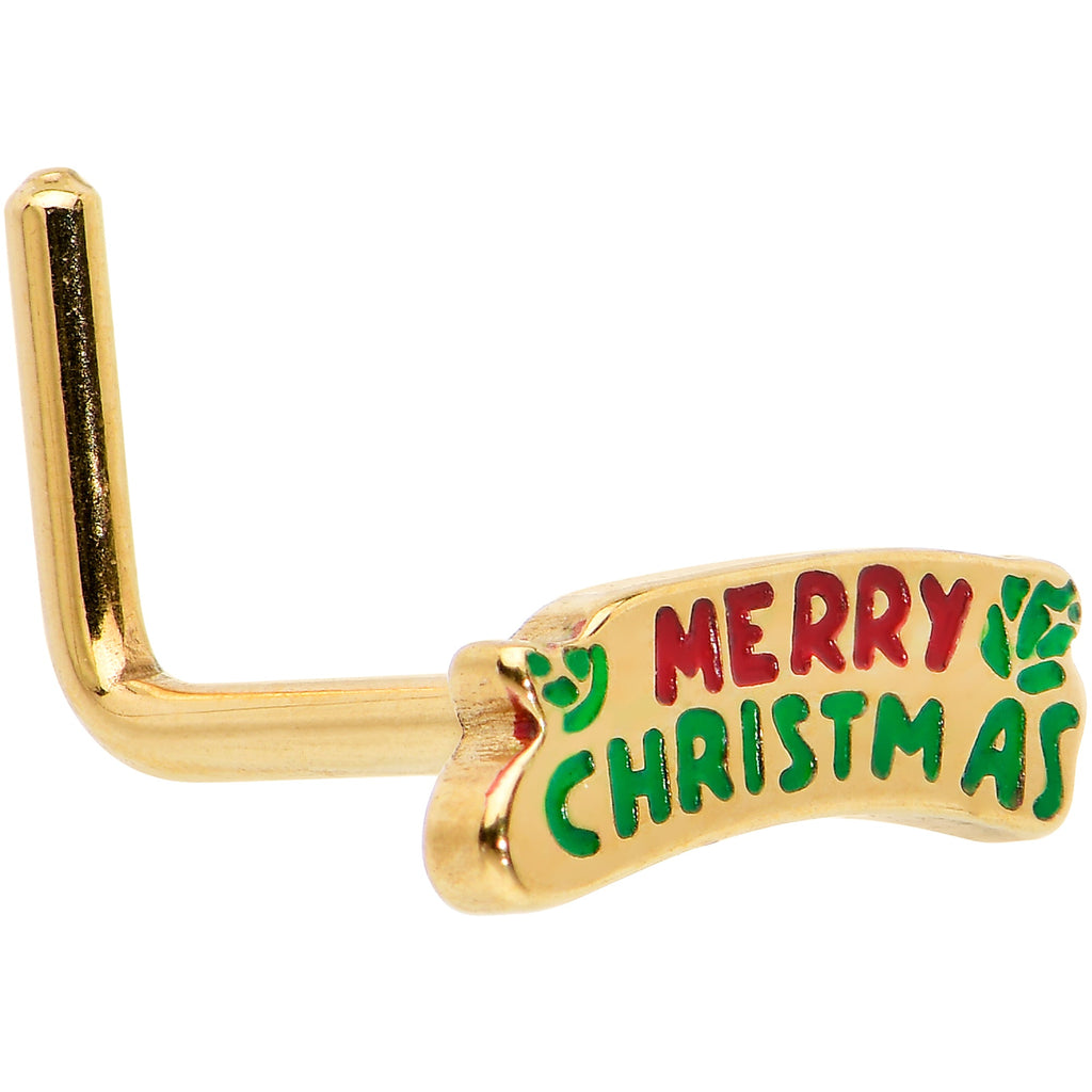 BodyCandy 20G 7mm Gold Tone Merry Christmas Inlaid L Shape Nose Ring — main product shot