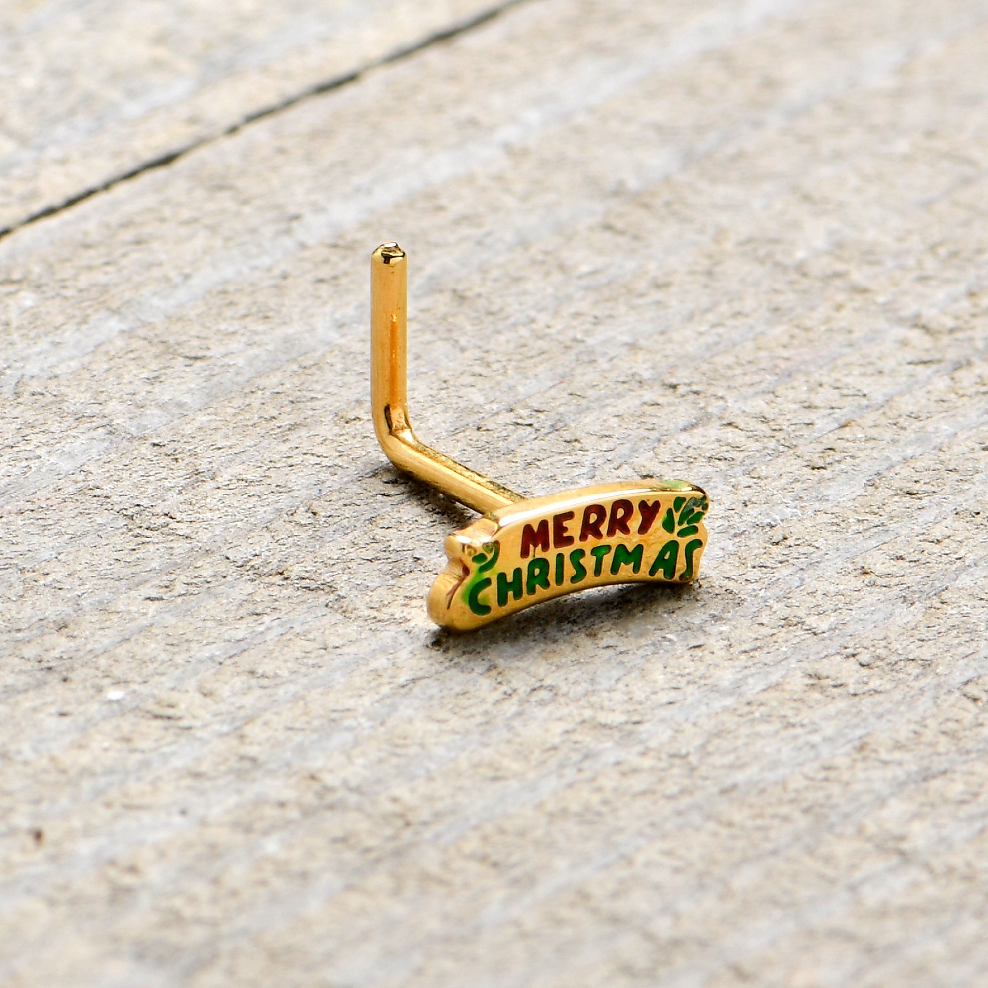 BodyCandy 20G 7mm Gold Tone Merry Christmas Inlaid L Shape Nose Ring — size reference