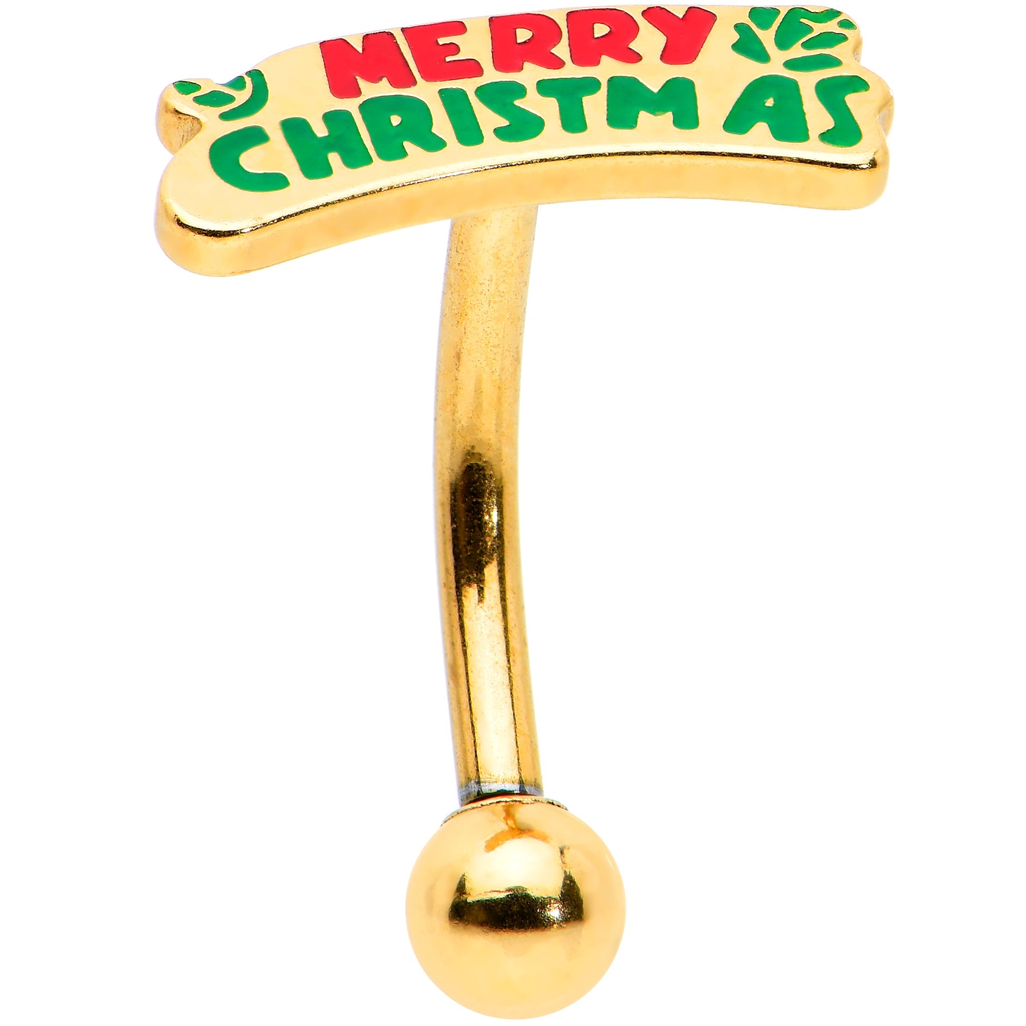 BodyCandy 16G 5/16 Gold Tone Merry Christmas Inlay Curved Barbell Ring — main product shot