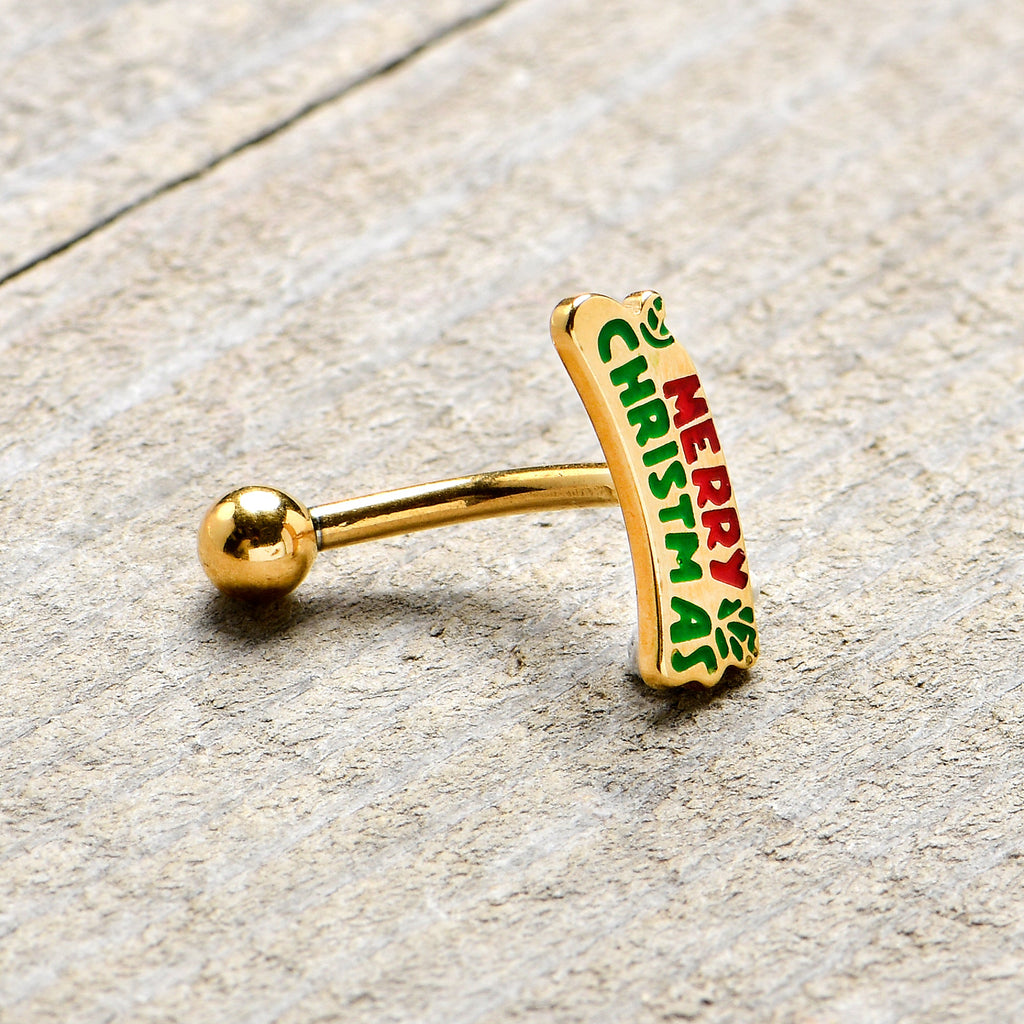 BodyCandy 16G 5/16 Gold Tone Merry Christmas Inlay Curved Barbell Ring — lifestyle context