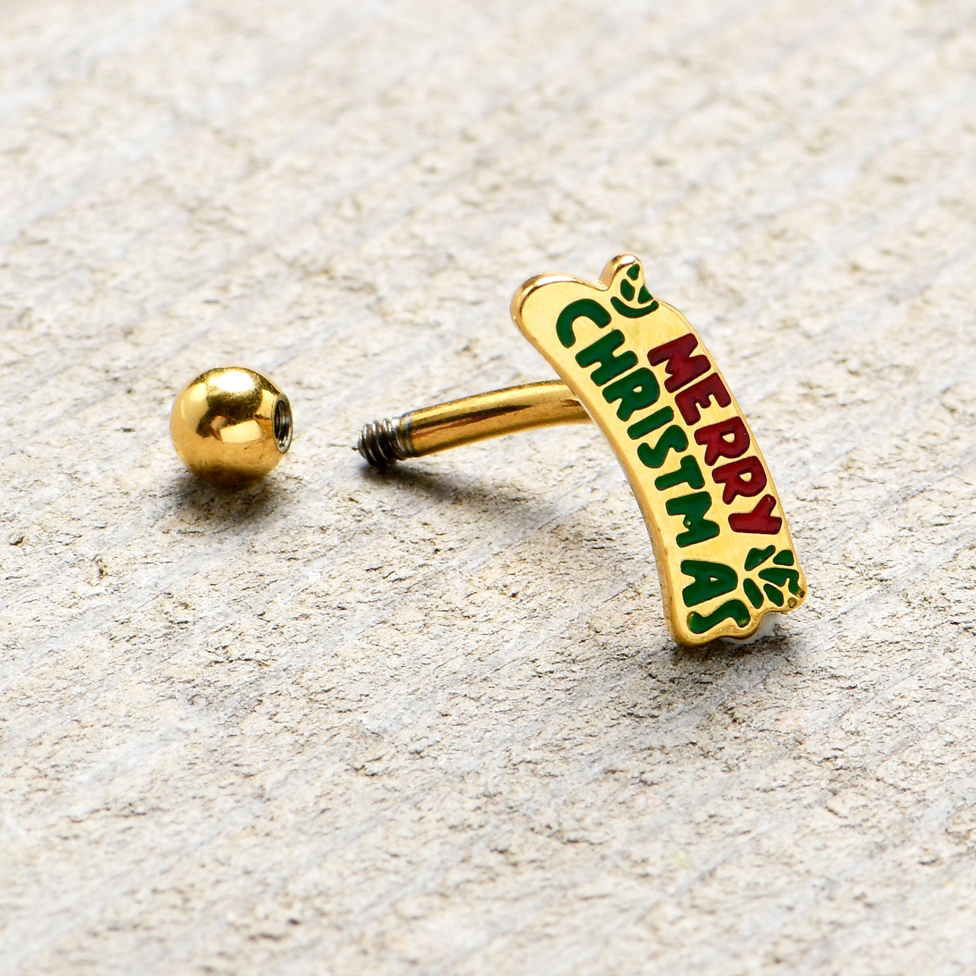 BodyCandy 16G 5/16 Gold Tone Merry Christmas Inlay Curved Barbell Ring — alternative angle