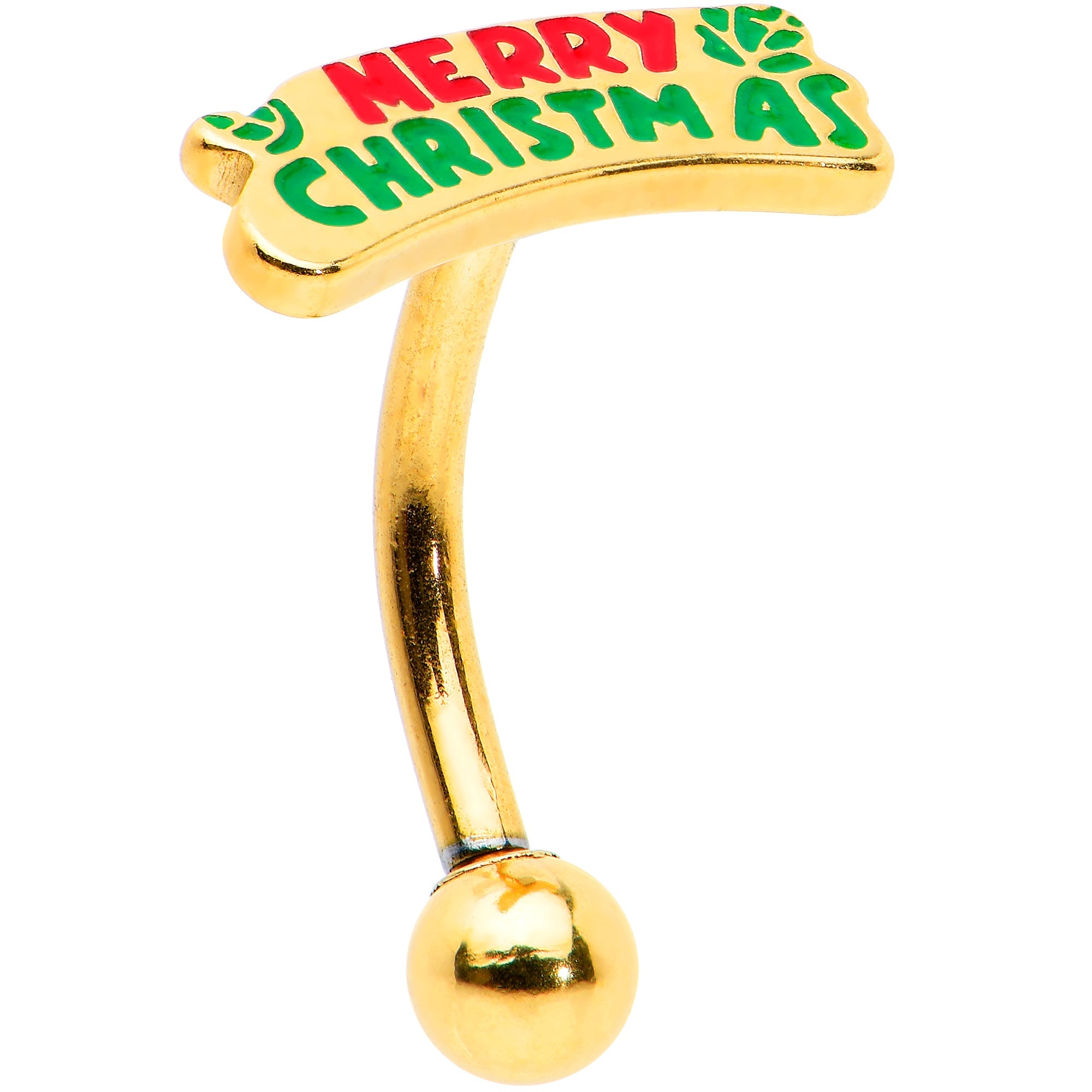 BodyCandy 16G 5/16 Gold Tone Merry Christmas Inlay Curved Barbell Ring — in-use photo