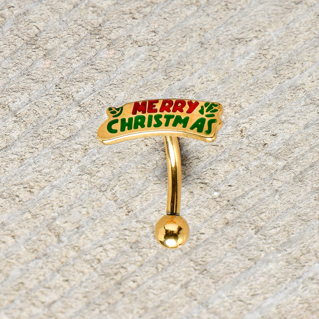 BodyCandy 16G 5/16 Gold Tone Merry Christmas Inlay Curved Barbell Ring — size reference