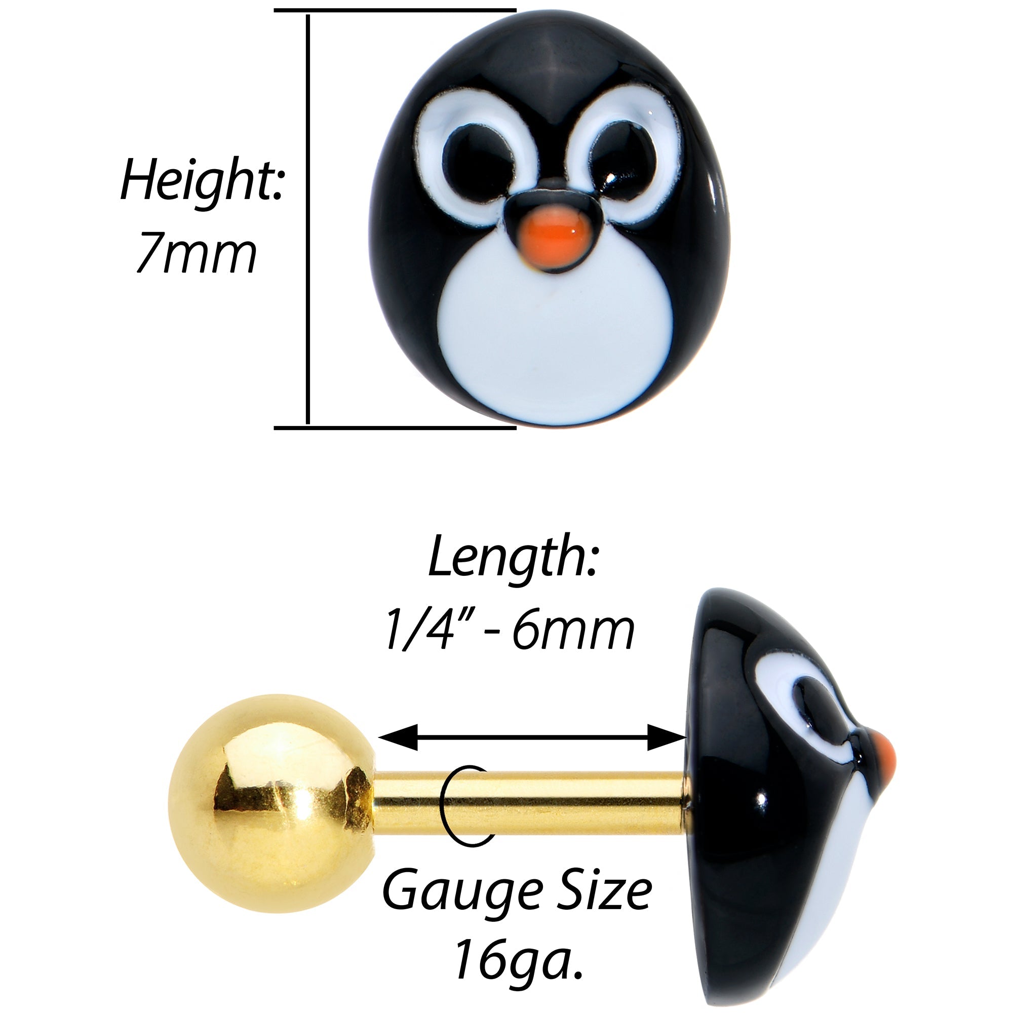 BodyCandy 16G 1/4 Gold Tone Round Penguin Face Holiday Cartilage Earring — detail close-up