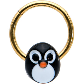 16G 3/8 Gold Tone Round Penguin Face Holiday Hinged Segment Ring