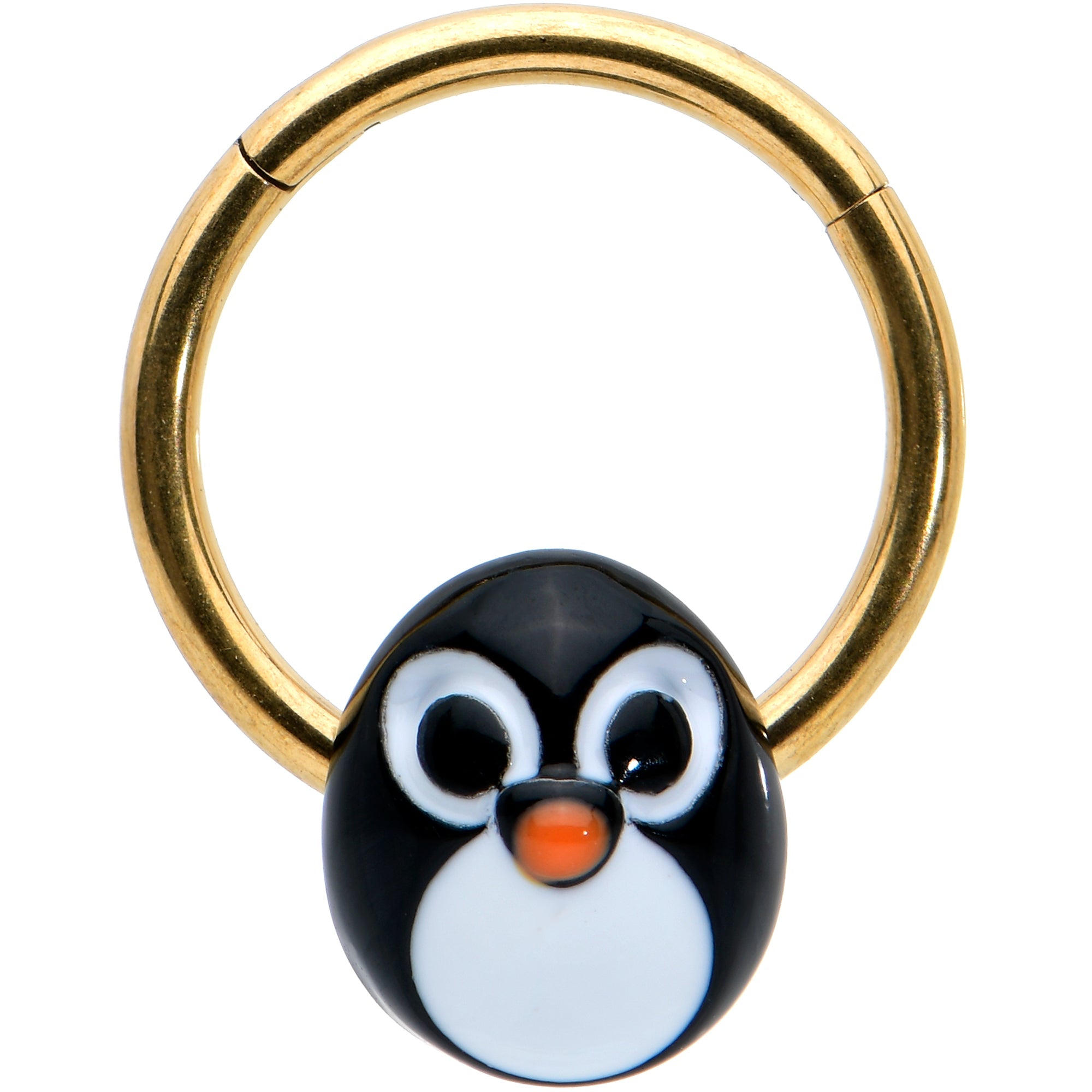 BodyCandy 16G 3/8 Gold Tone Round Penguin Face Holiday Hinged Segment Ring — main product shot